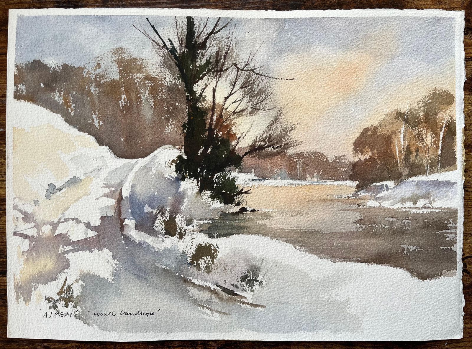 Anthony Avery British Impressionist Watercolor Of Snow Covered Riverbank At Sunset photo furniture