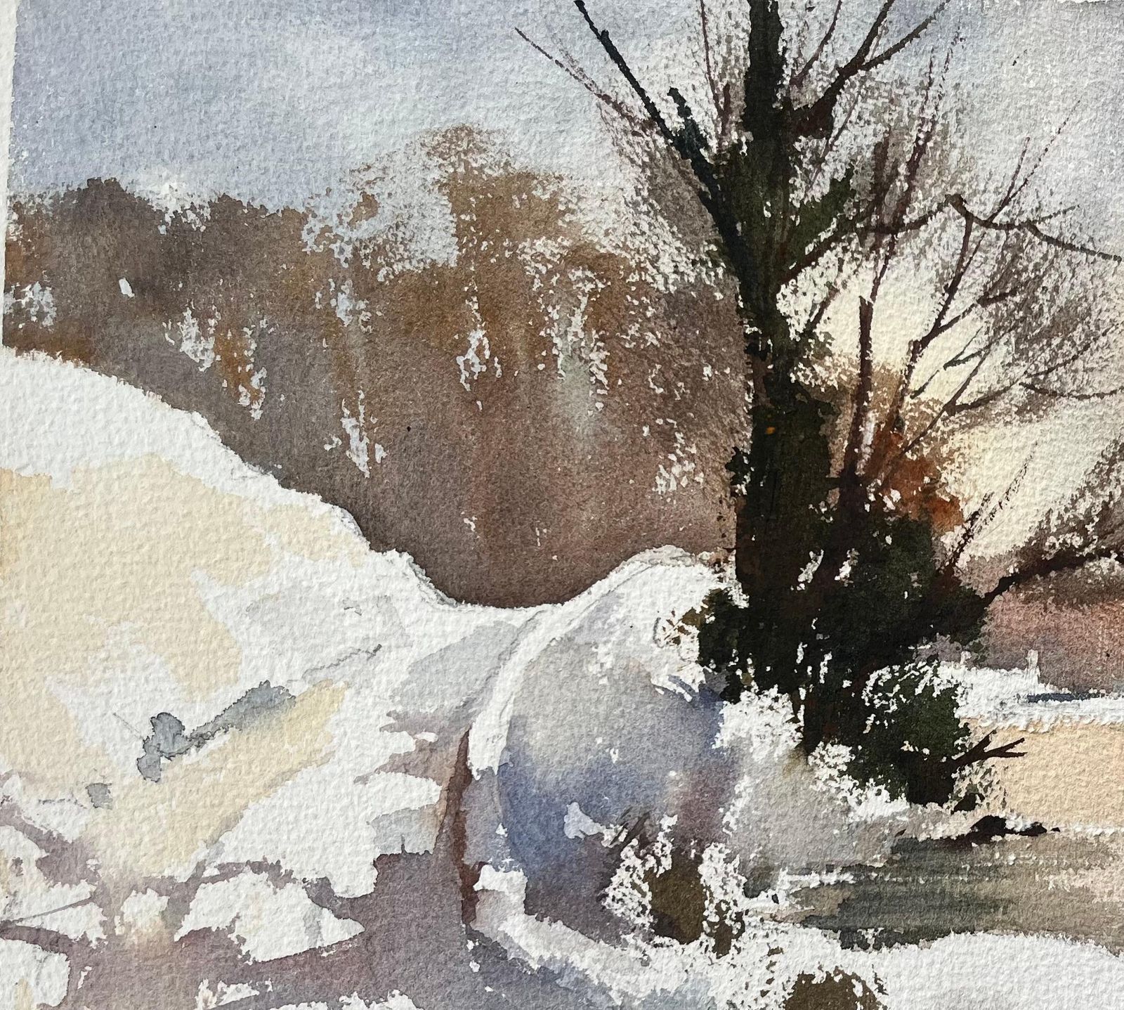Anthony Avery British Impressionist Watercolor Of Snow Covered Riverbank At Sunset photo for sale