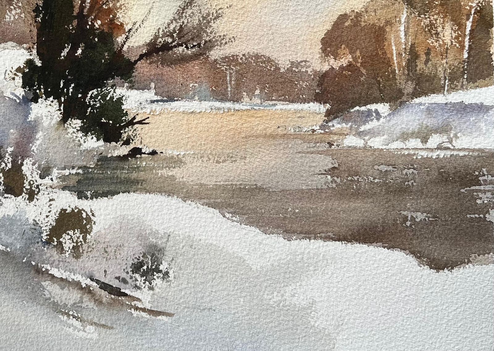 Anthony Avery British Impressionist Watercolor Of Snow Covered Riverbank At Sunset photo vinterior