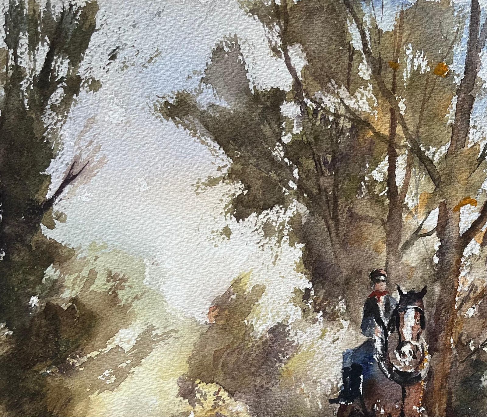 Anthony Avery British Impressionist Watercolor Of A Rider, Horse And Dog In The Countryside photo vinterior