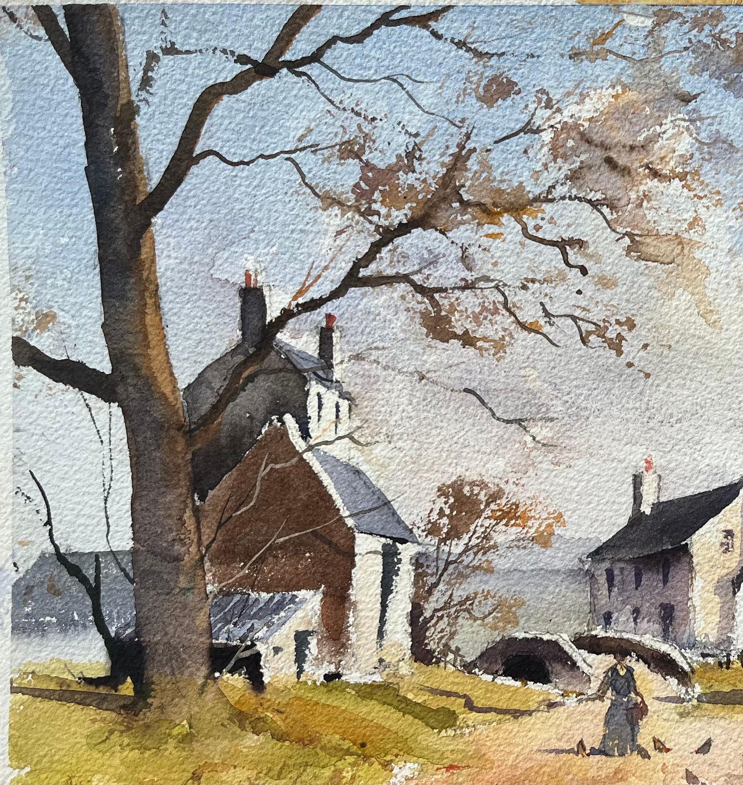 Anthony Avery British Impressionist Watercolor Of A Rural Village Scene With Figure In Autumn photo buy