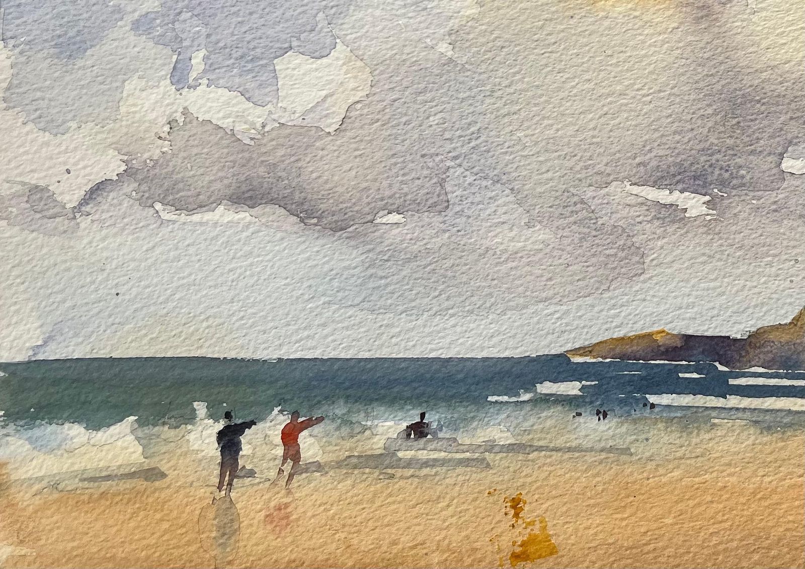 Anthony Avery British Impressionist Watercolor Of Beach Scene With Figures Flying Kite photo furniture