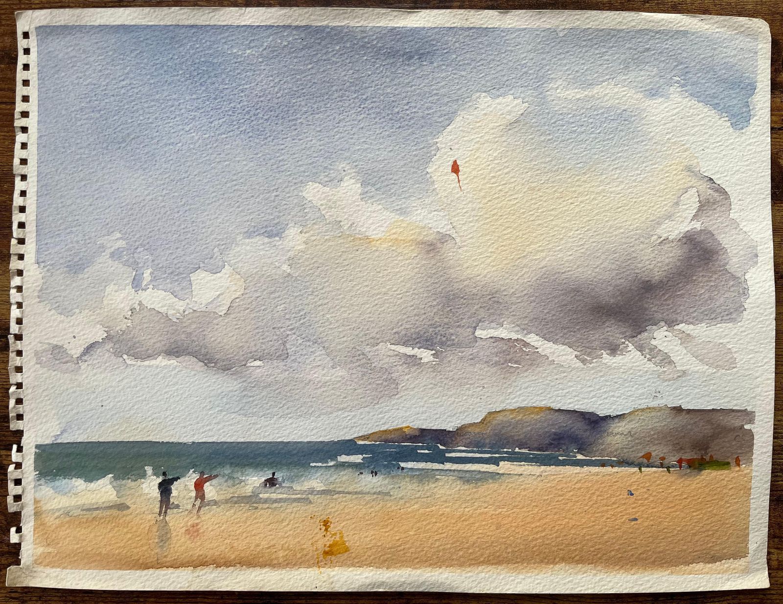 Anthony Avery British Impressionist Watercolor Of Beach Scene With Figures Flying Kite photo for sale