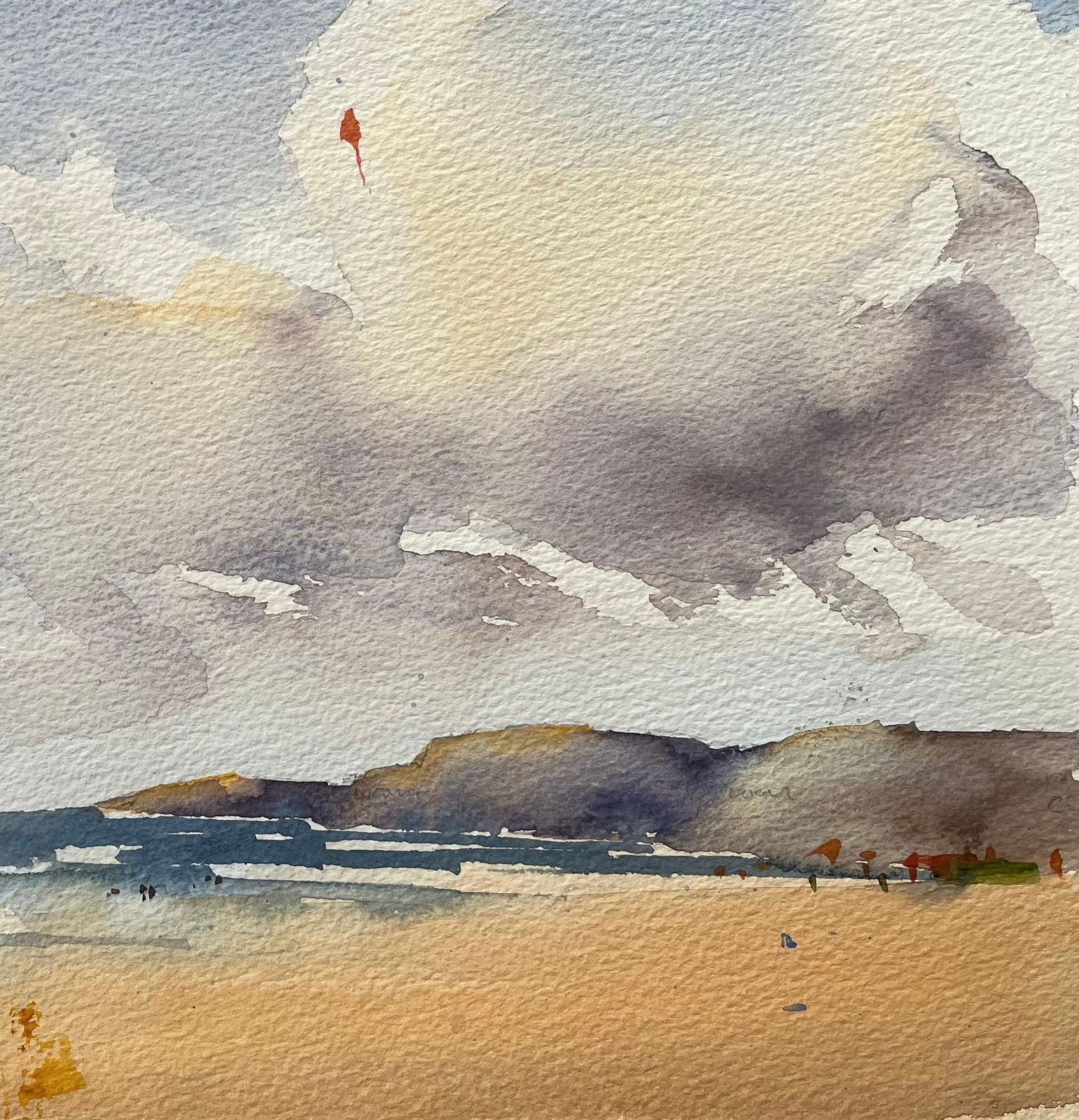 Anthony Avery British Impressionist Watercolor Of Beach Scene With Figures Flying Kite photo Art