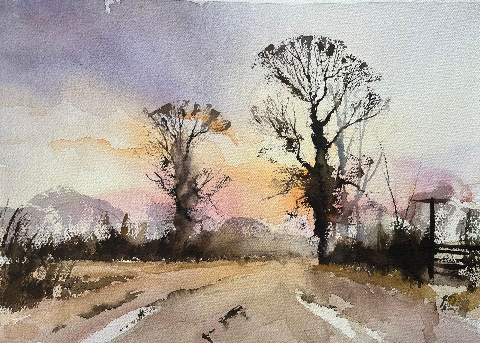Anthony Avery British Impressionist Watercolor Of Winter Sunrise With Silhouetted Trees