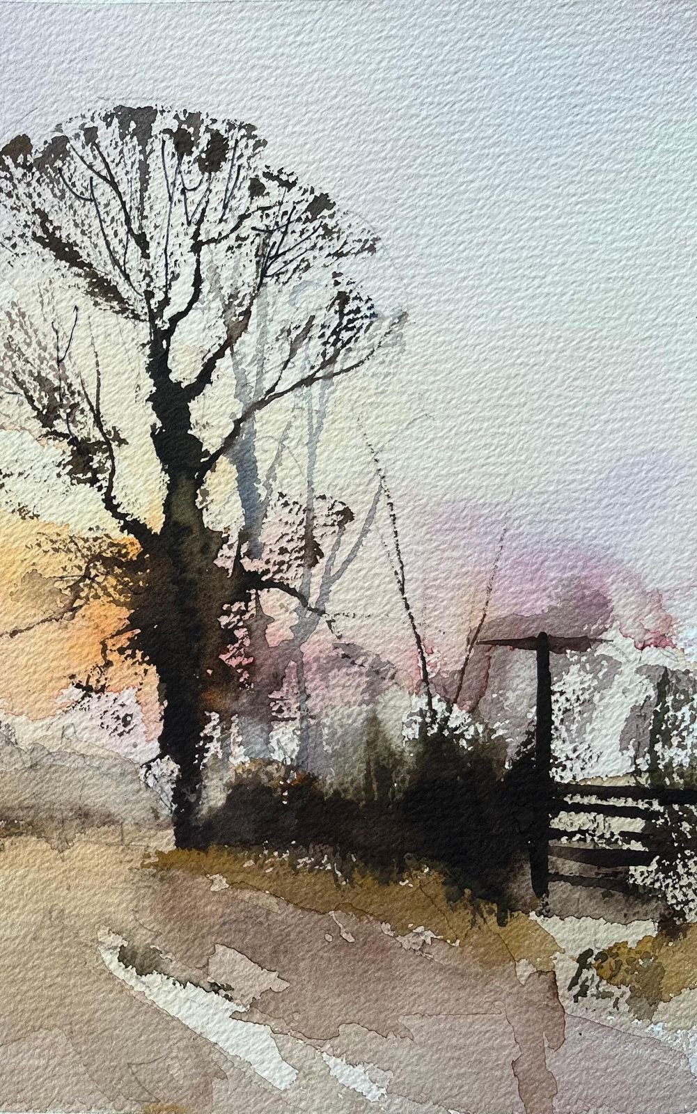 Anthony Avery British Impressionist Watercolor Of Winter Sunrise With Silhouetted Trees photo for sale