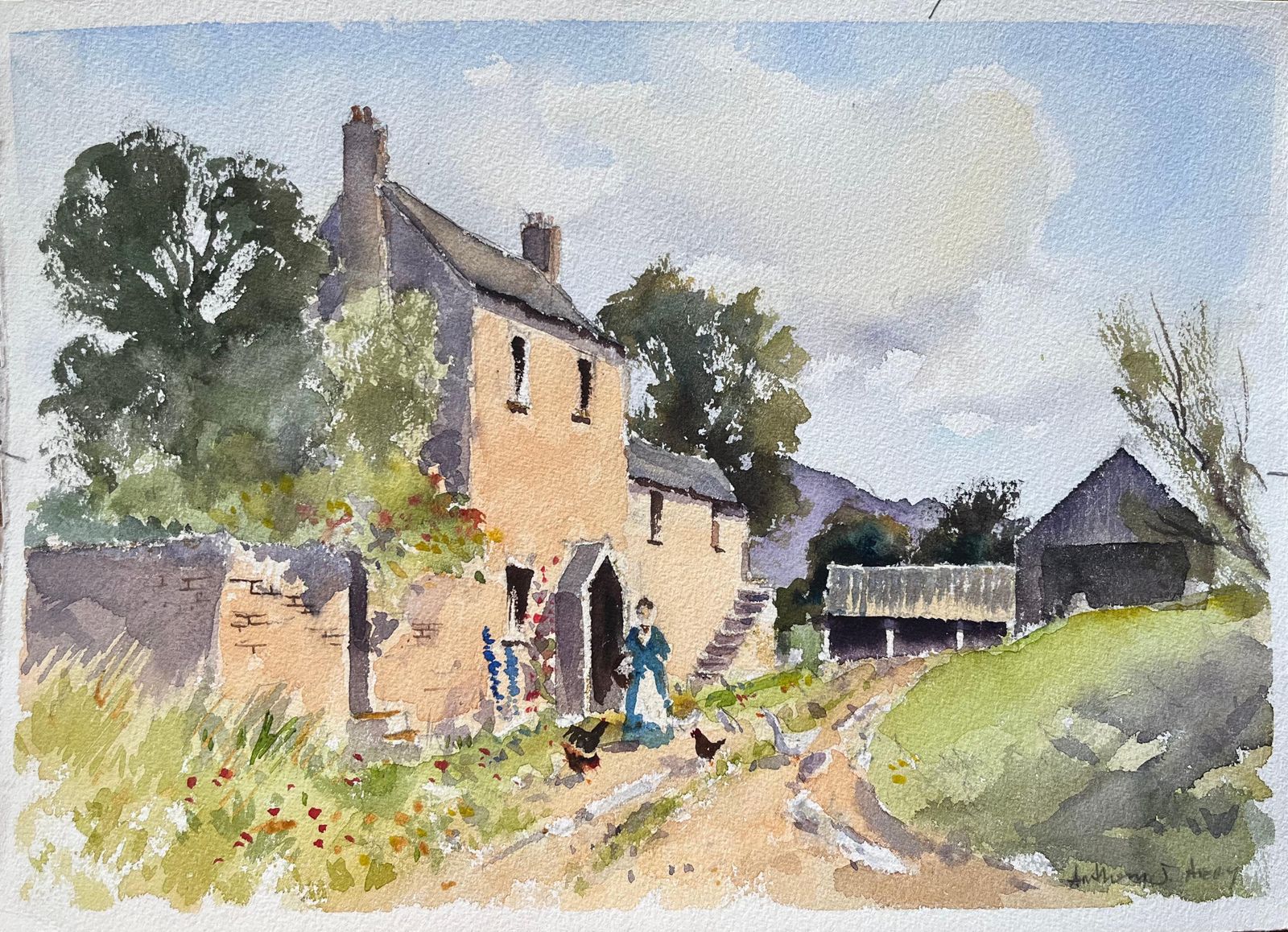 Anthony Avery British Impressionist Watercolor Of A Farmhouse With A Figure Feeding Chickens