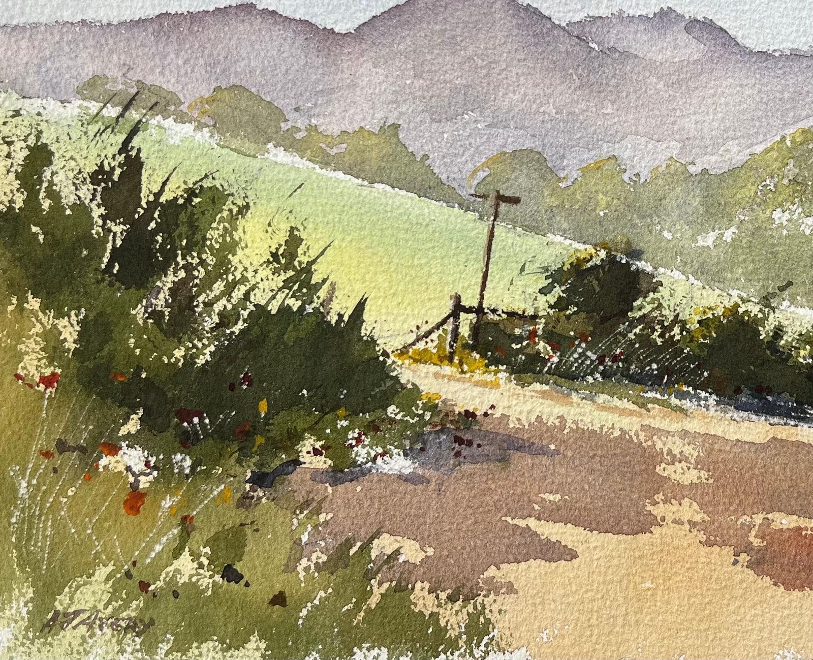 Anthony Avery British Impressionist Watercolor Of A Country Lane With Distant Hills photo 295.0