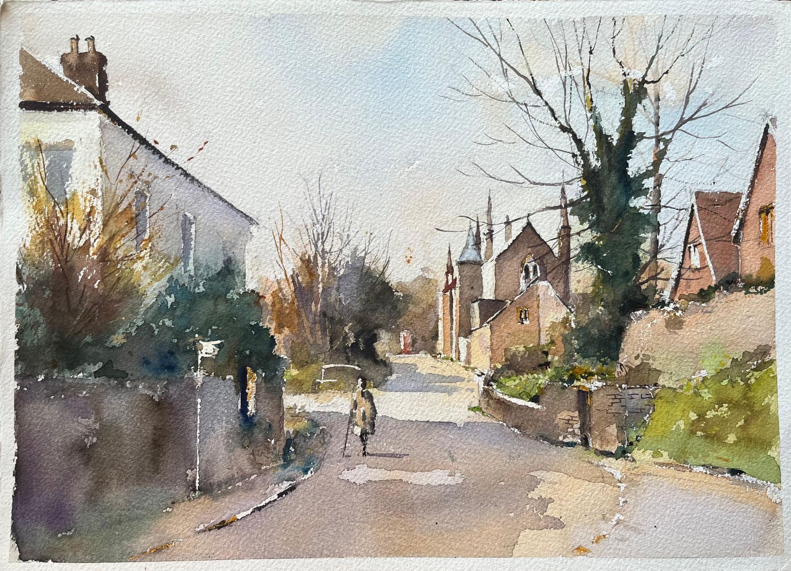 Anthony Avery British Impressionist Watercolor Of A Lone Figure Walking Along A Village Street