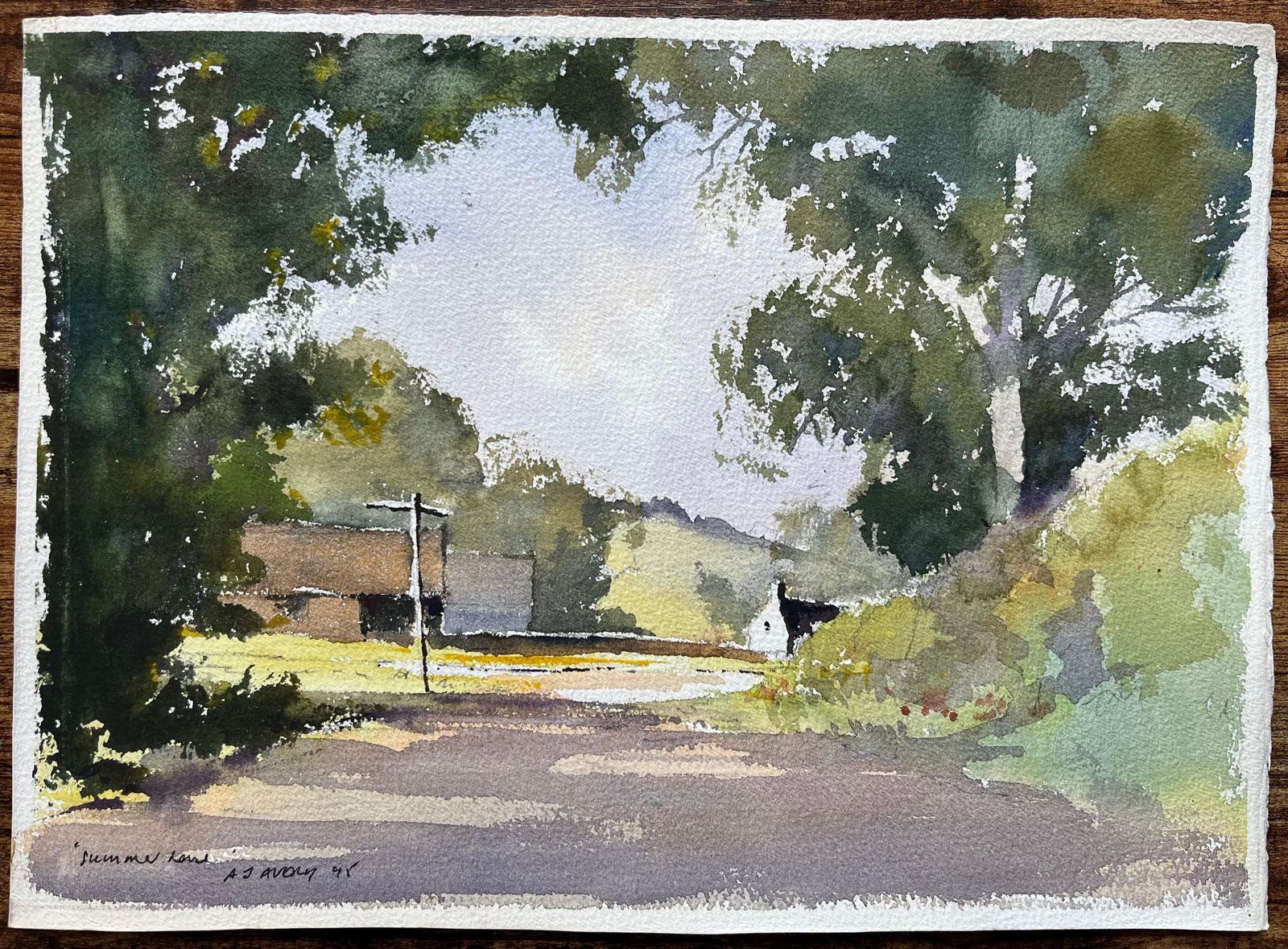 Anthony Avery British Impressionist Watercolor Of Summer Lane With Verdant Trees And Buildings 1995 photo furniture