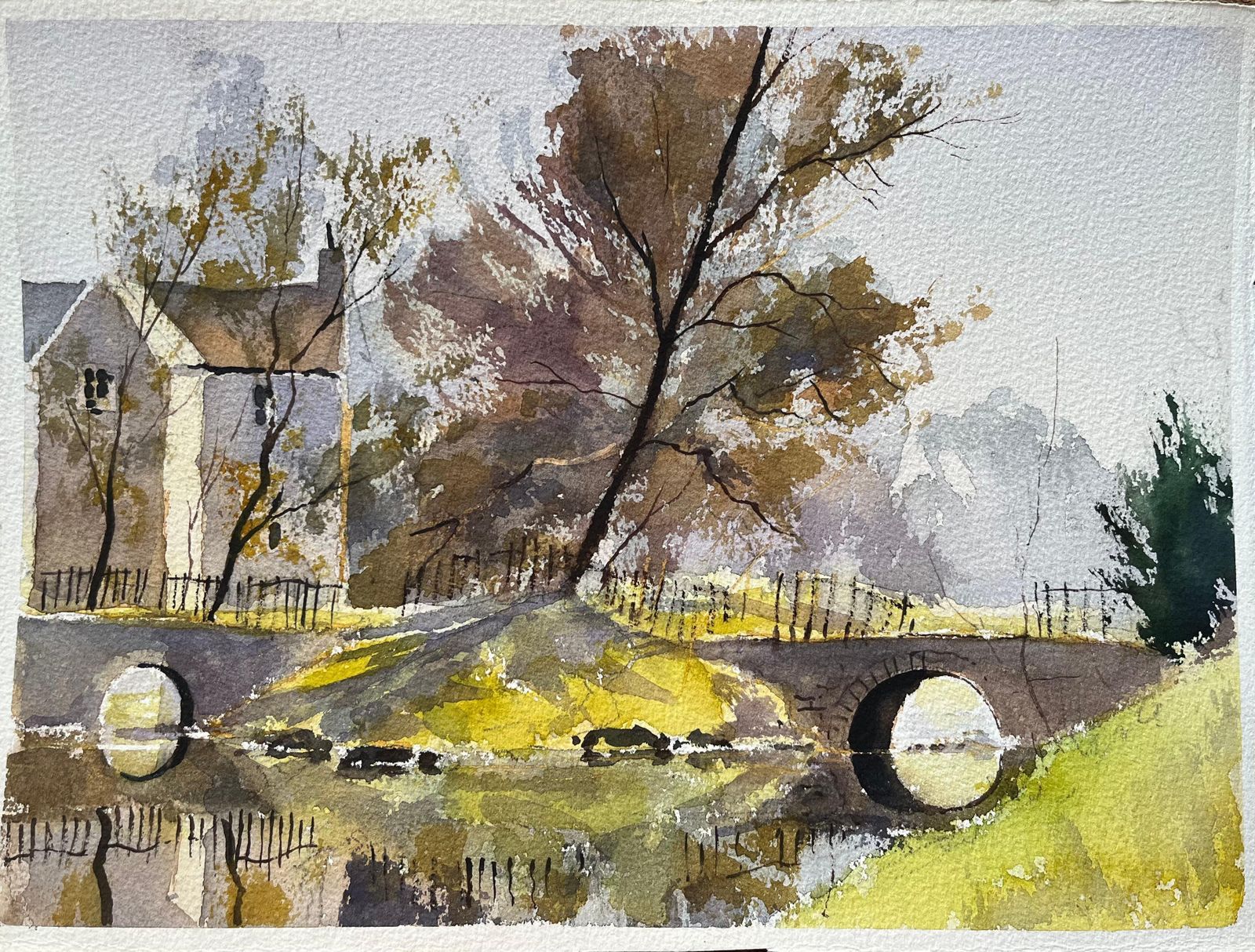 Anthony Avery British Impressionist Watercolor Of A House And Stone Bridge Over A Stream