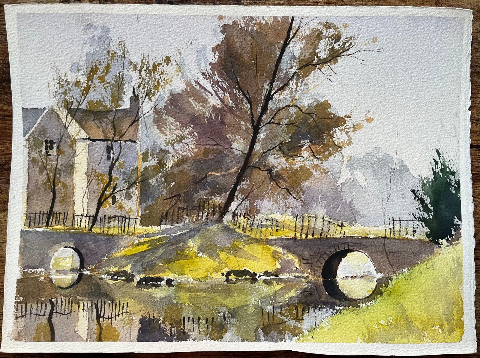 Anthony Avery British Impressionist Watercolor Of A House And Stone Bridge Over A Stream photo furniture