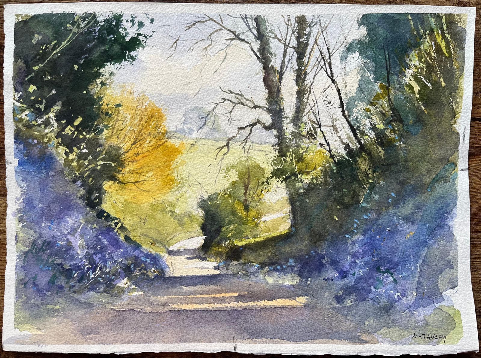 Anthony Avery British Impressionist Watercolor Of Sunlit Country Path Enveloped By Bluebells photo furniture