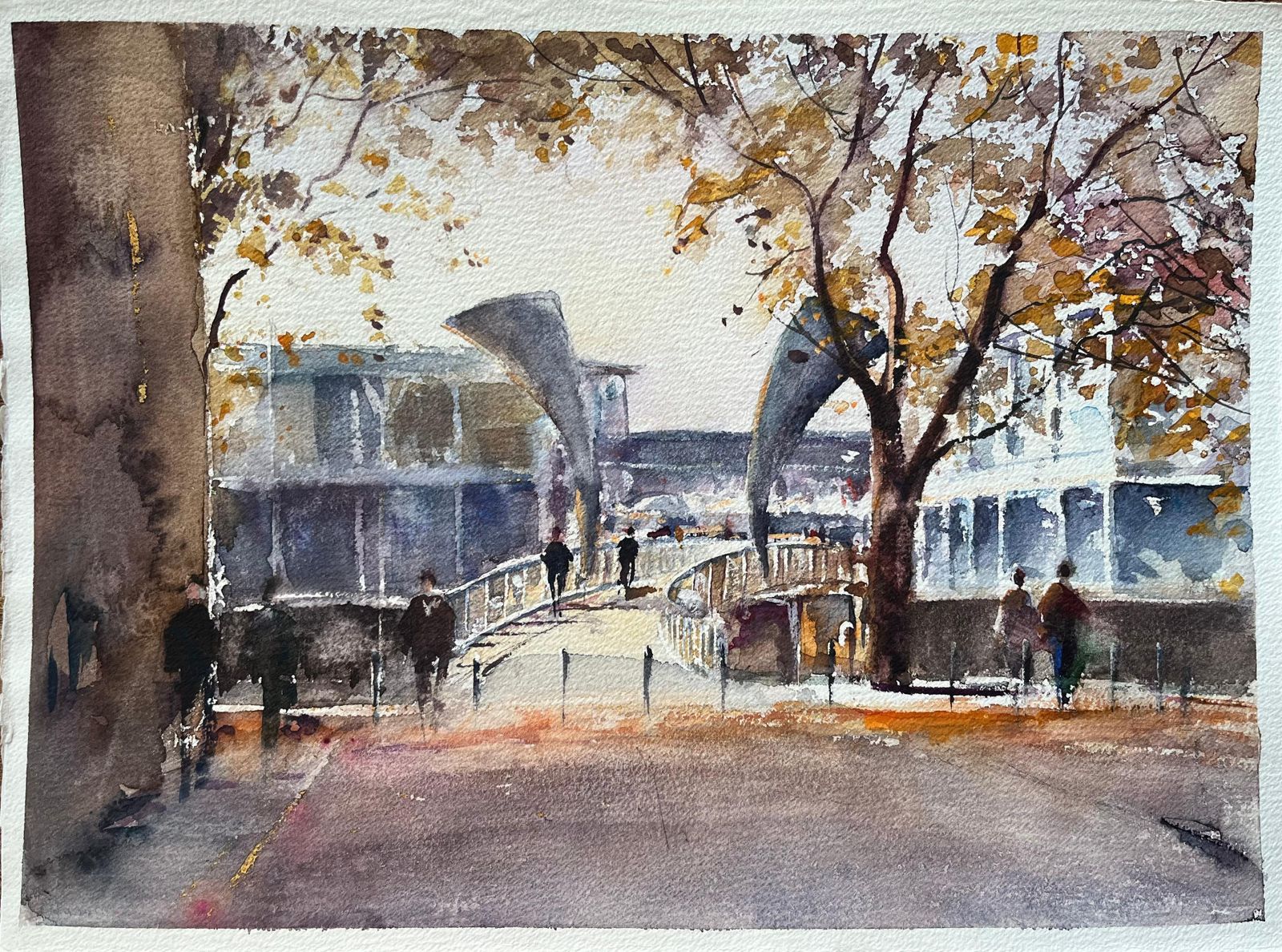 Anthony Avery British Impressionist Watercolor Of A Modern Pedestrian Bridge In Autumn