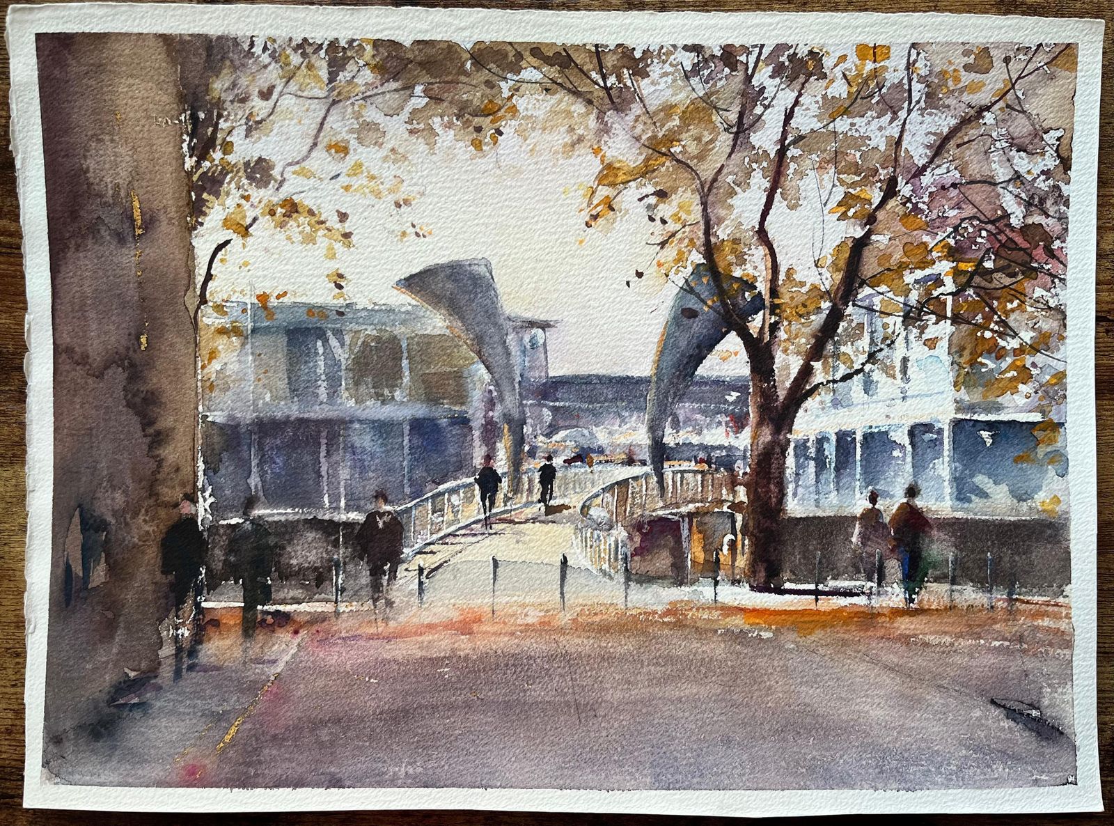 Anthony Avery British Impressionist Watercolor Of A Modern Pedestrian Bridge In Autumn photo furniture