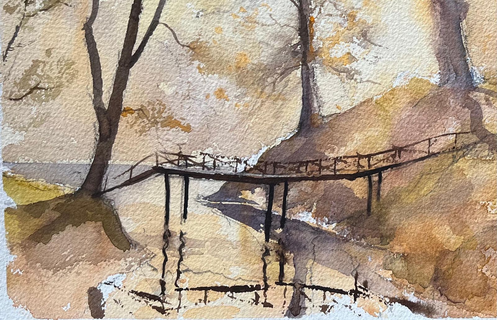 Anthony Avery British Impressionist Watercolor Of A Woodland Bridge In Autumn Light photo for sale
