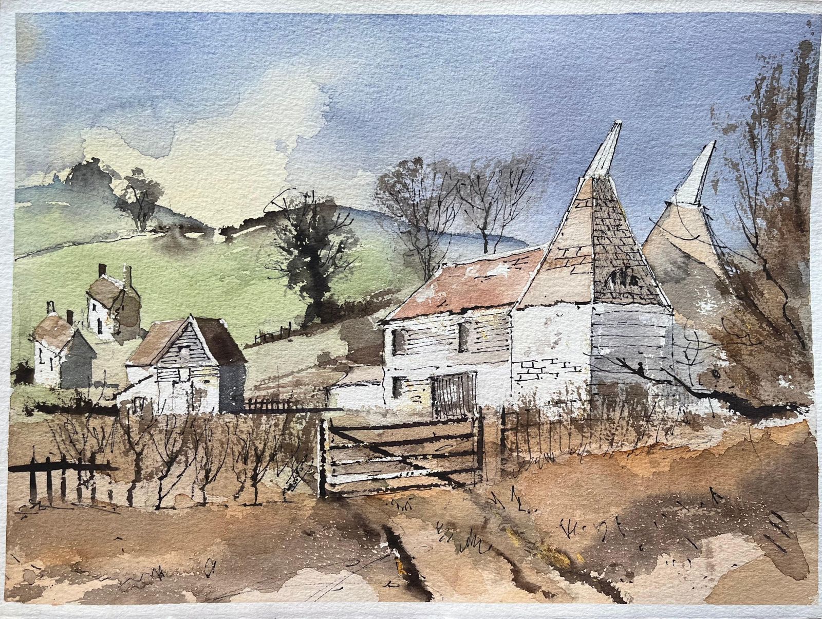 Anthony Avery British Impressionist Watercolor Of Oast Houses In The Countryside