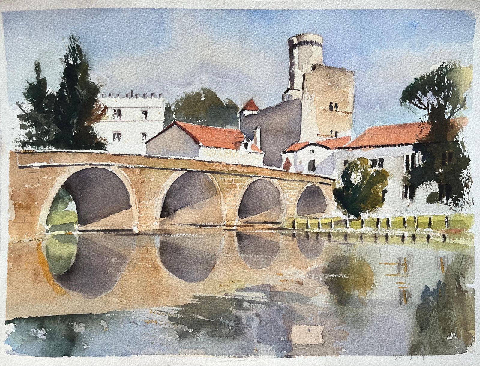 Anthony Avery British Impressionist Watercolor Of A Stone Bridge And Historic Tower