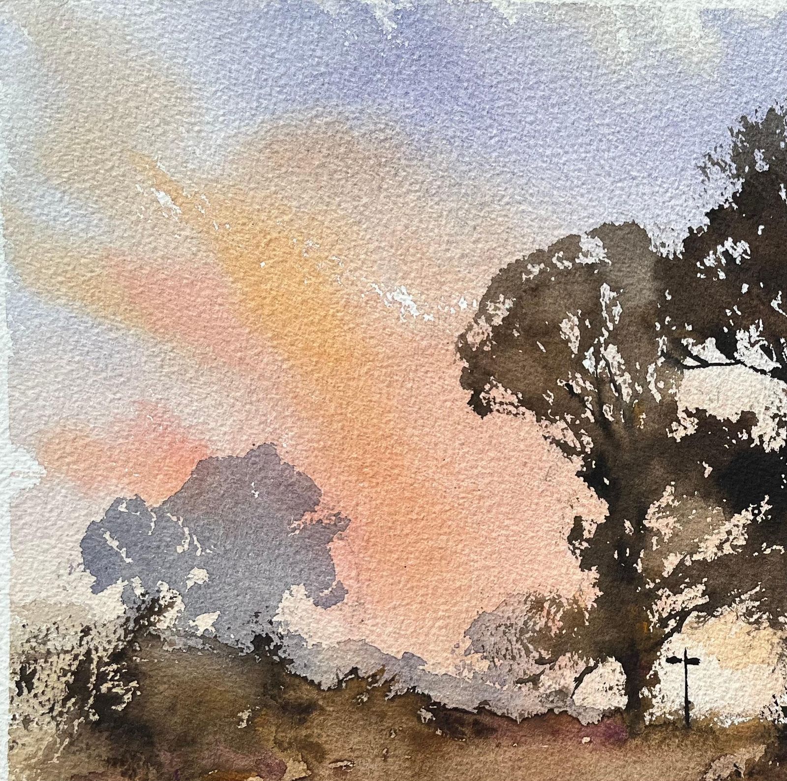Anthony Avery British Impressionist Watercolor Of Crossroads Bathed In The Warm, Fading Light photo 300.0