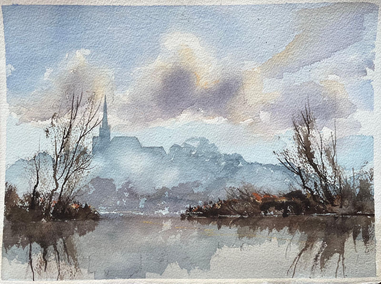 Anthony Avery British Impressionist Watercolor Of A Misty River Scene With A Distant Spire