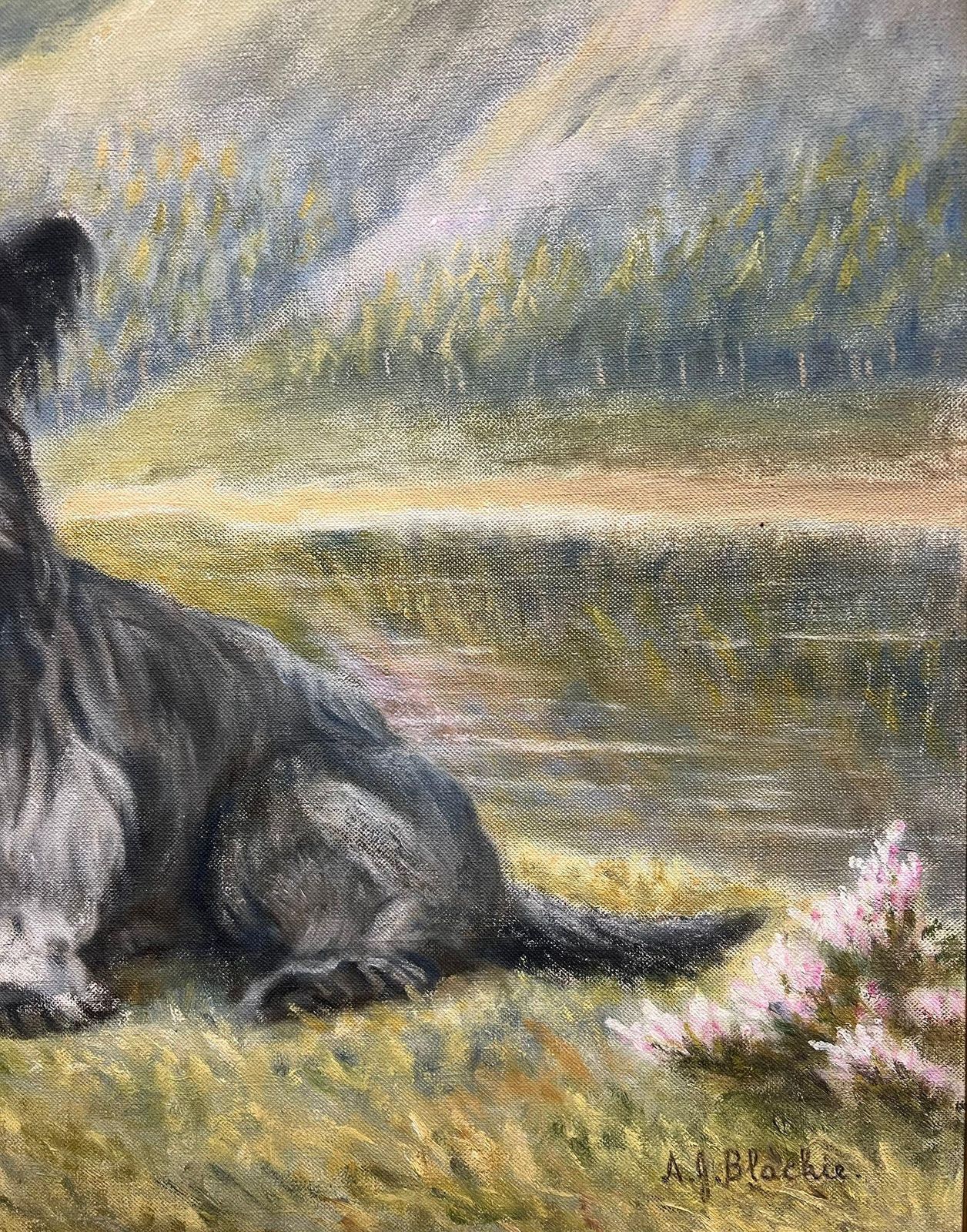 A. J. Blackie Two Cairn Highland Terriers Dogs In Scottish Highlands Landscape Signed Painting photo vintage