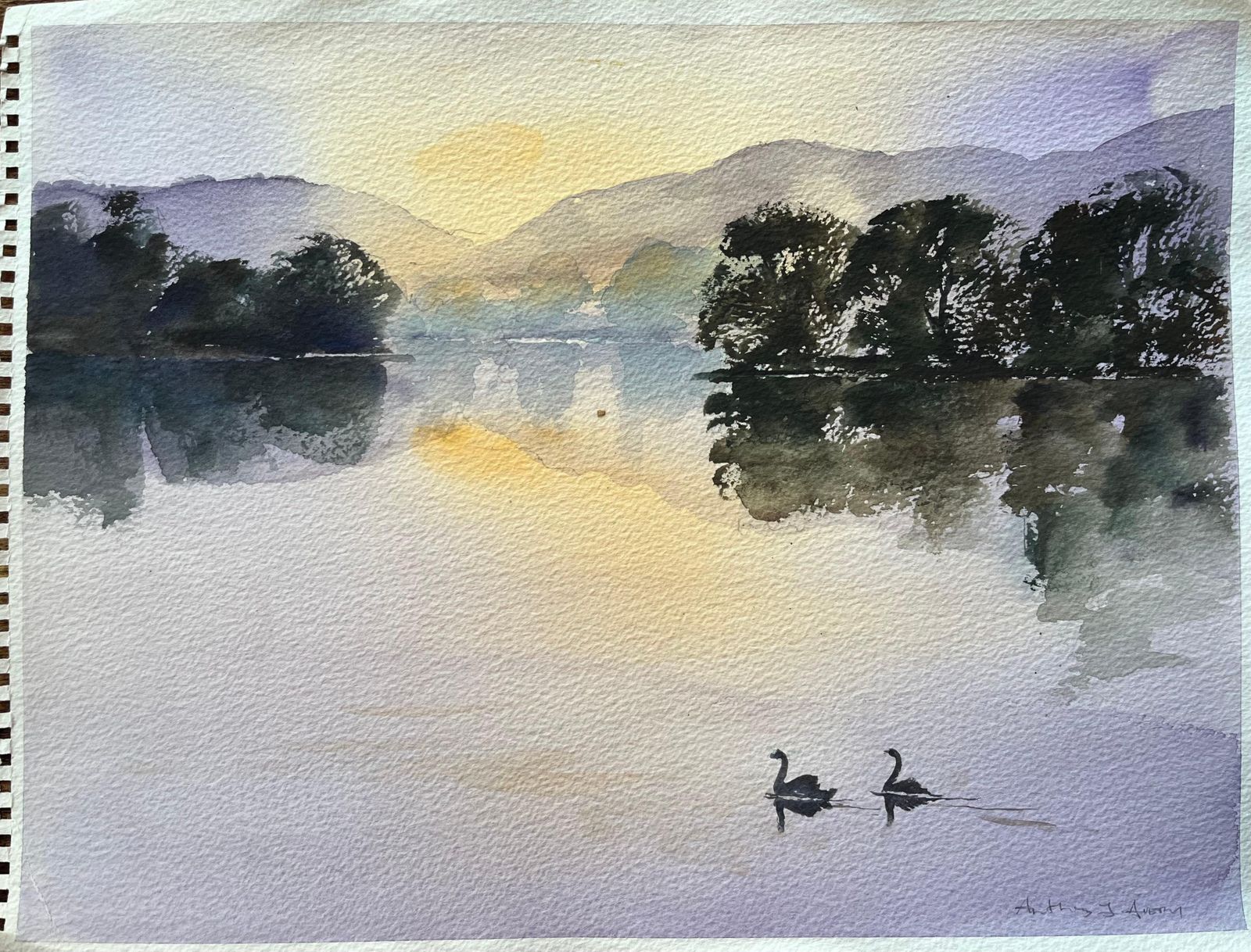 Anthony Avery British Impressionist Watercolor Of Swans Gliding Across A Tranquil Lake At Dawn