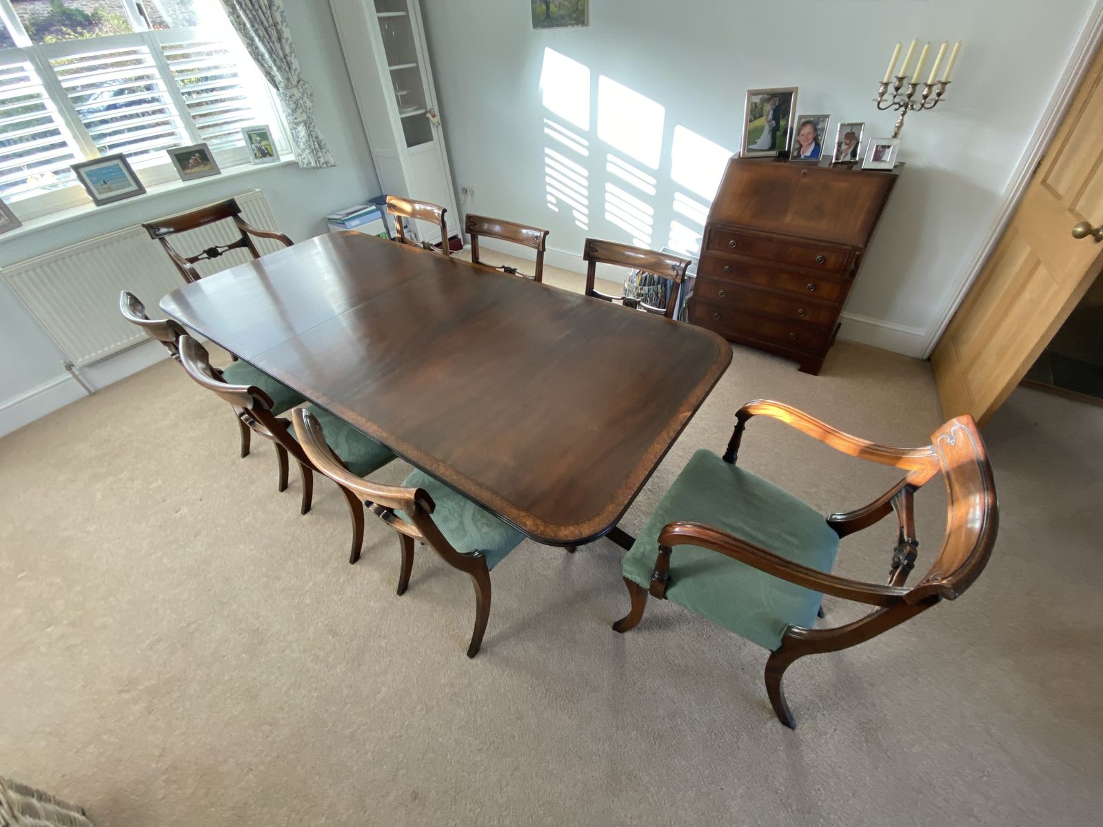 Dodges Of Sherborne, George The 5th, 8 Seater Dining Table, Mahogany Inlaid And Chairs photo for sale