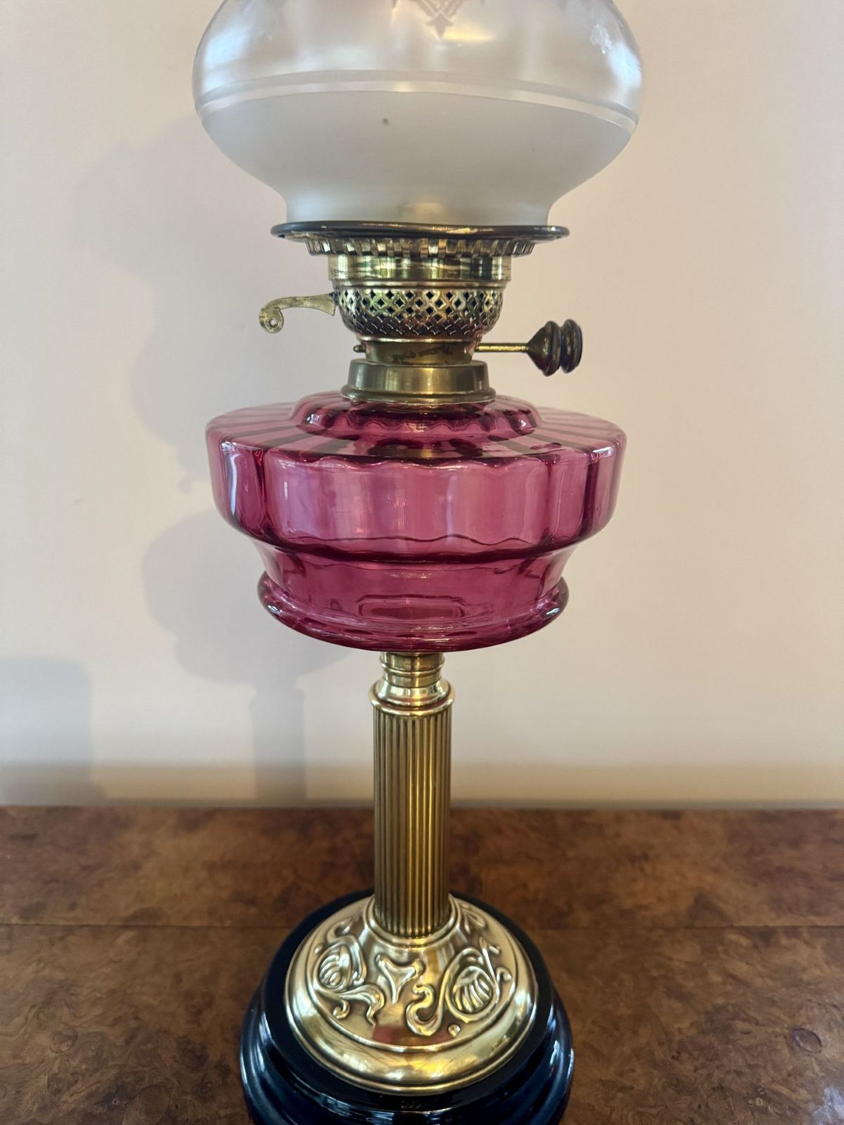 Outstanding Quality Antique Cranberry Glass Oil Lamp photo for sale