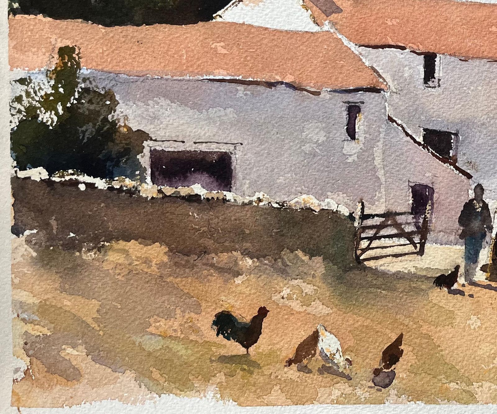 Anthony Avery British Impressionist Watercolor Of A Farmyard Scene With A Figure And Chickens photo 395.0