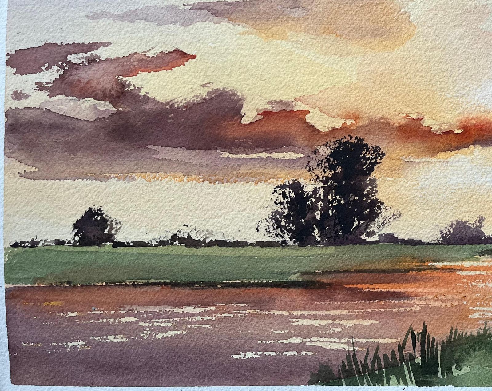 Anthony Avery British Impressionist Watercolor Of A Vivid Sunset Over A Tranquil Countryside photo 375.0