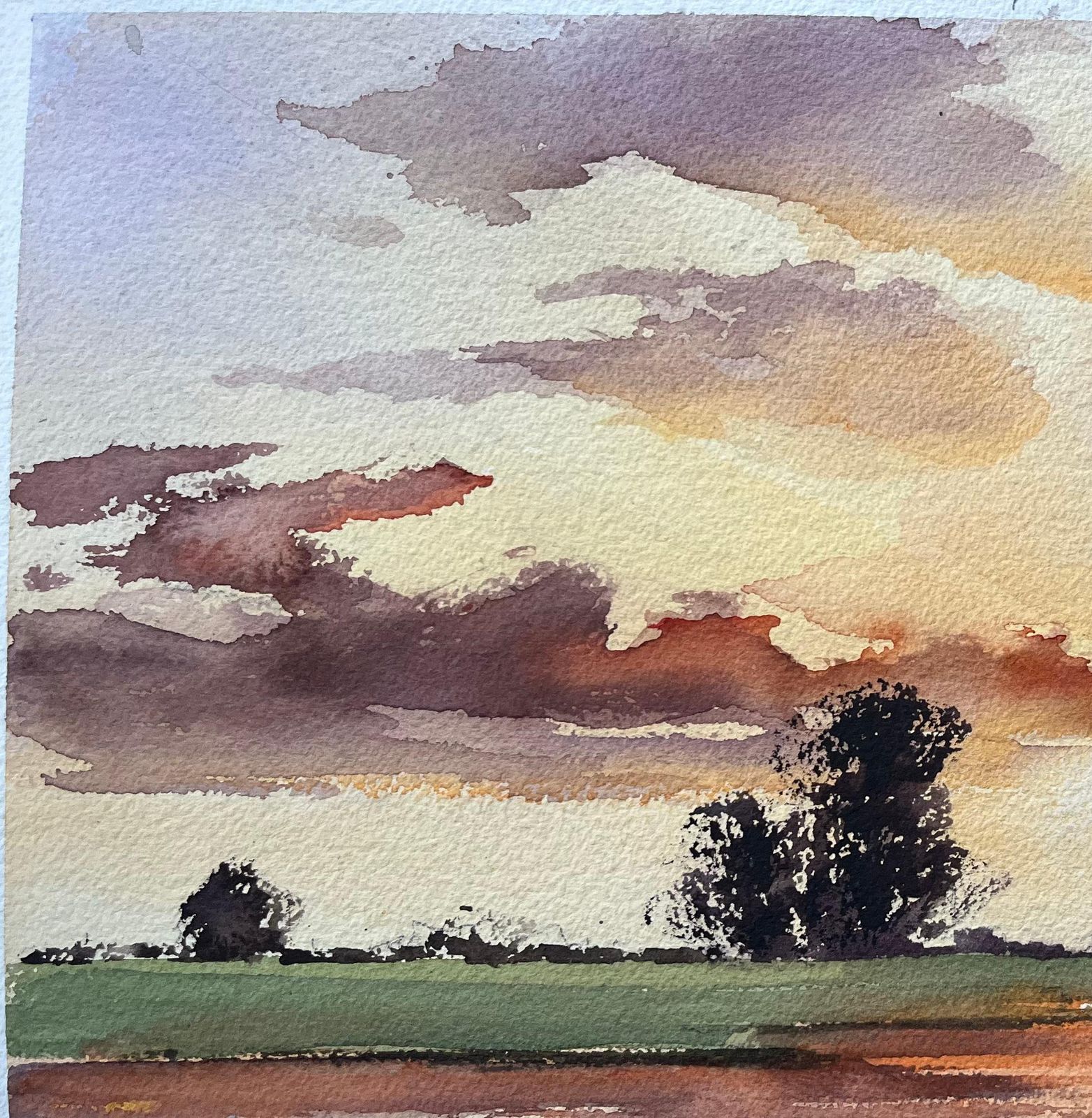 Anthony Avery British Impressionist Watercolor Of A Vivid Sunset Over A Tranquil Countryside photo vinterior