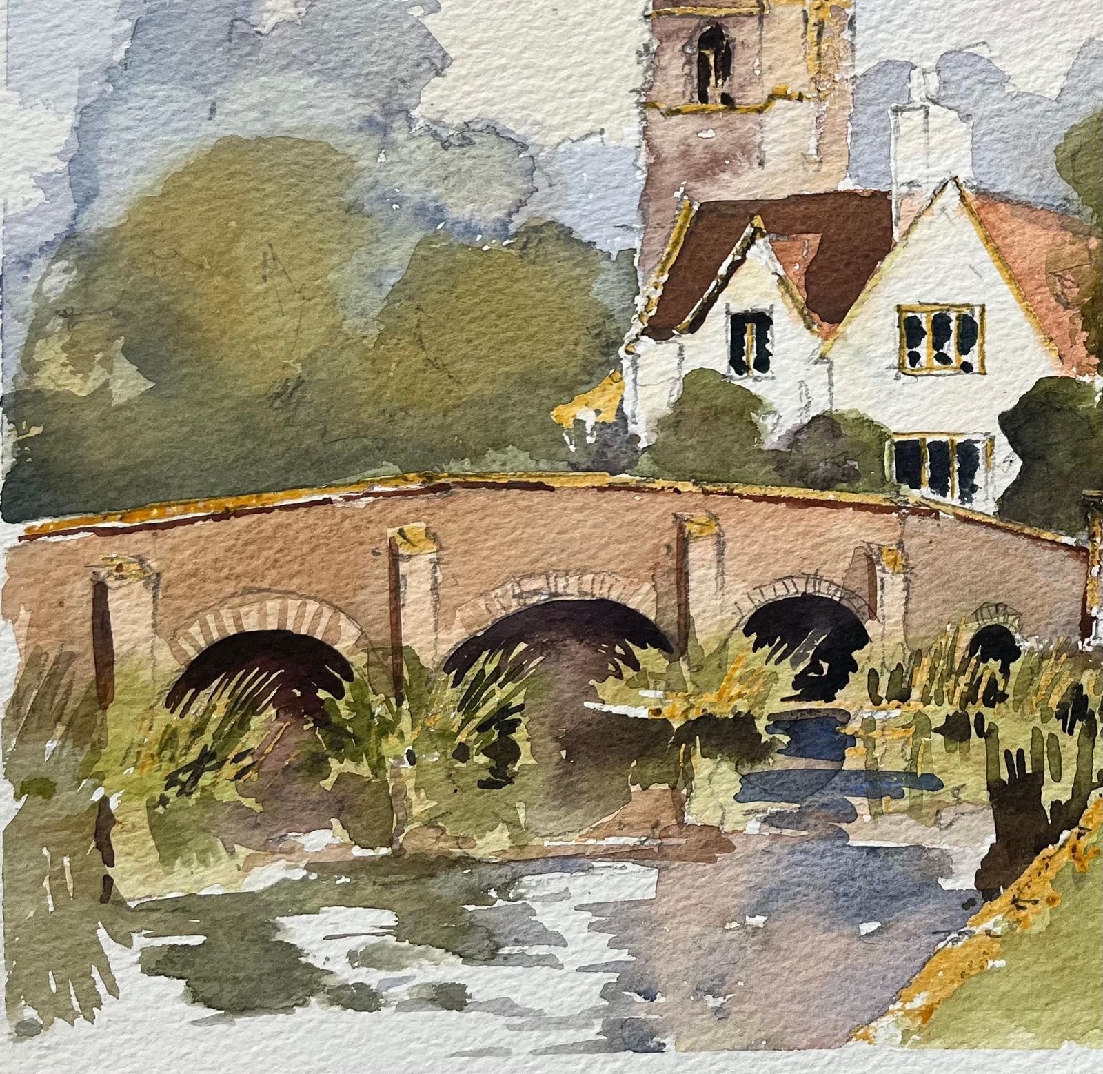 Anthony Avery British Impressionist Watercolor Of A Village Scene With Church And Bridge photo for sale