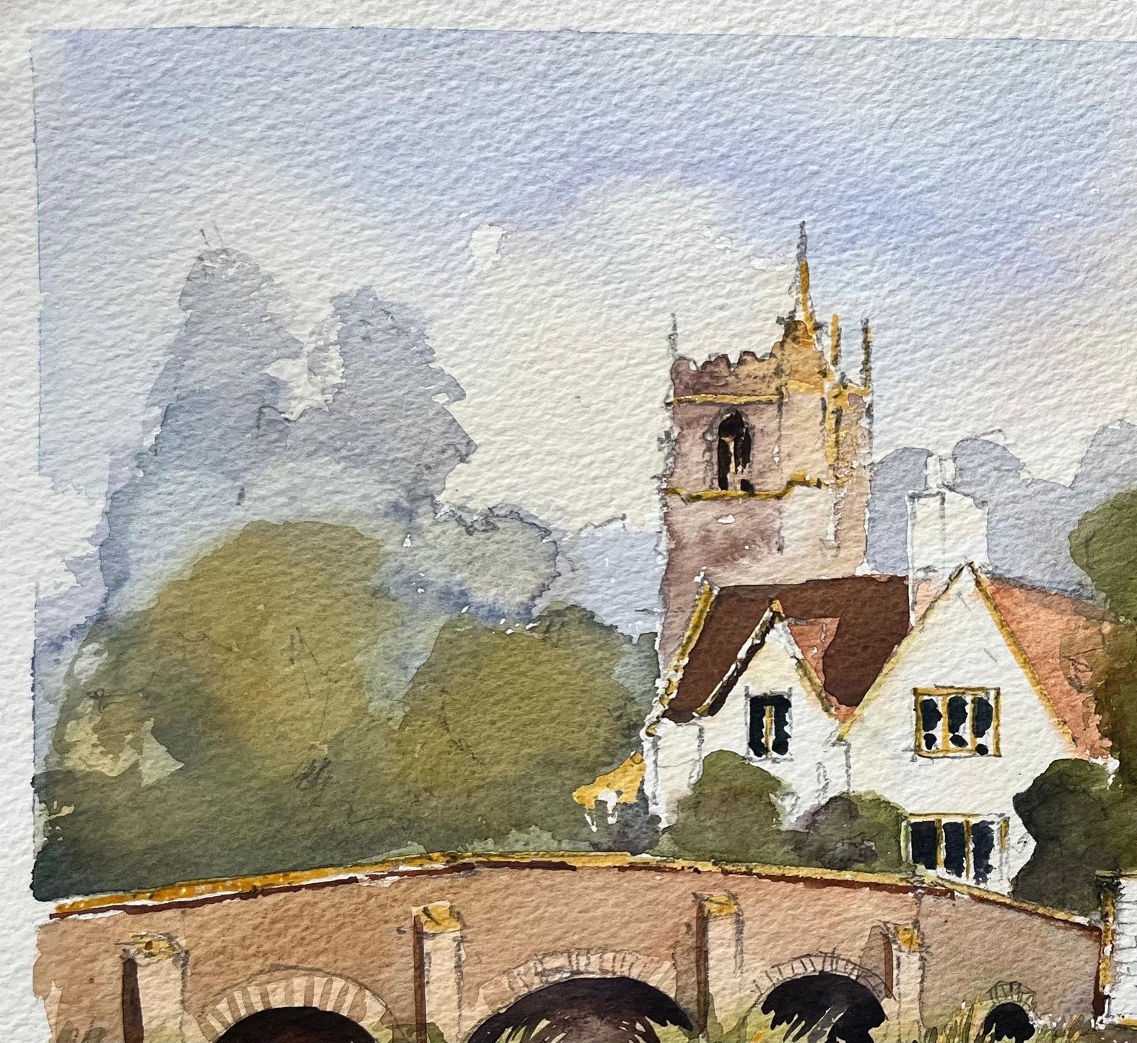 Anthony Avery British Impressionist Watercolor Of A Village Scene With Church And Bridge photo Art