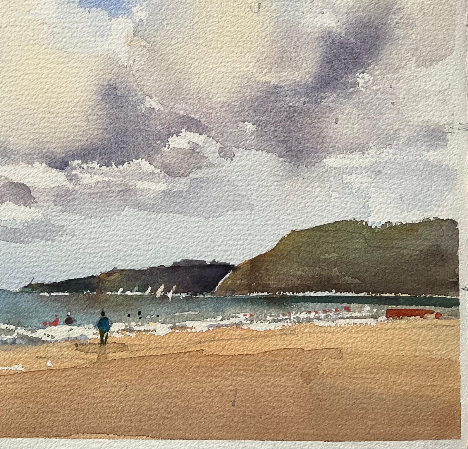 Anthony Avery British Impressionist Watercolor Of A Serene Coastal Beach Scene With Kite Flyer photo Art