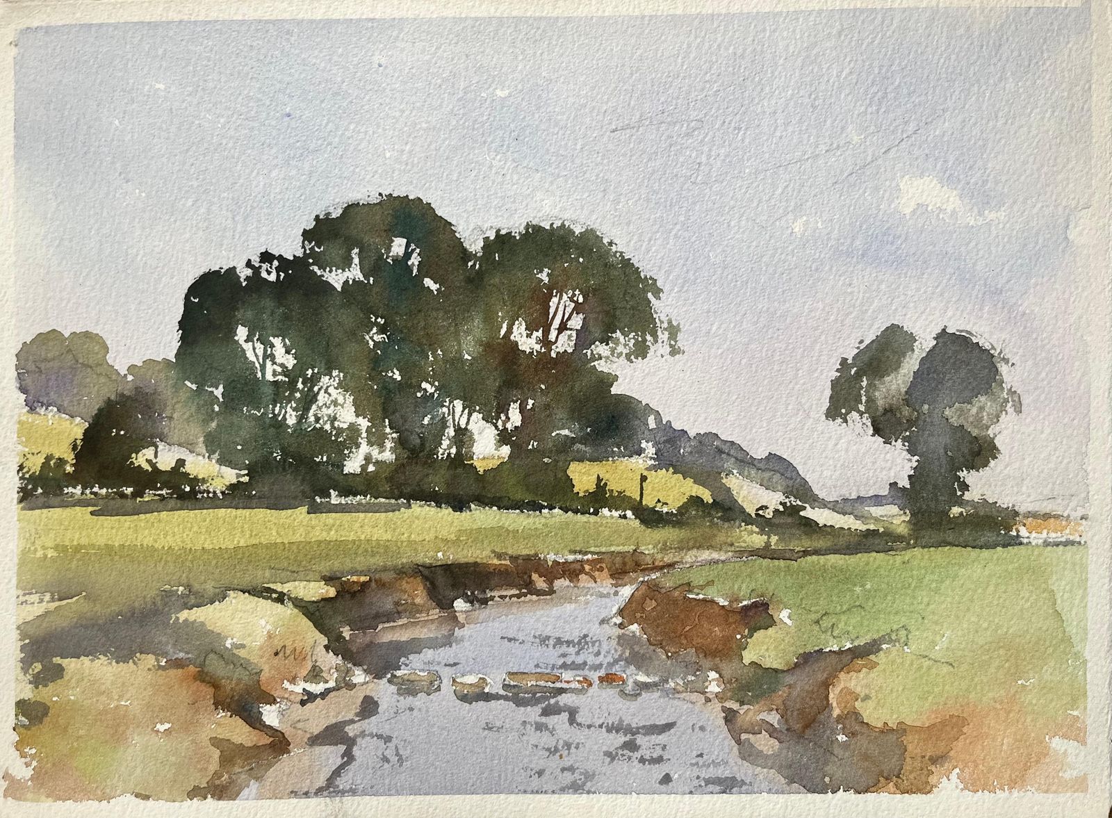 Anthony Avery British Impressionist Watercolor Of A Scenic Countryside Stream With Lush Trees