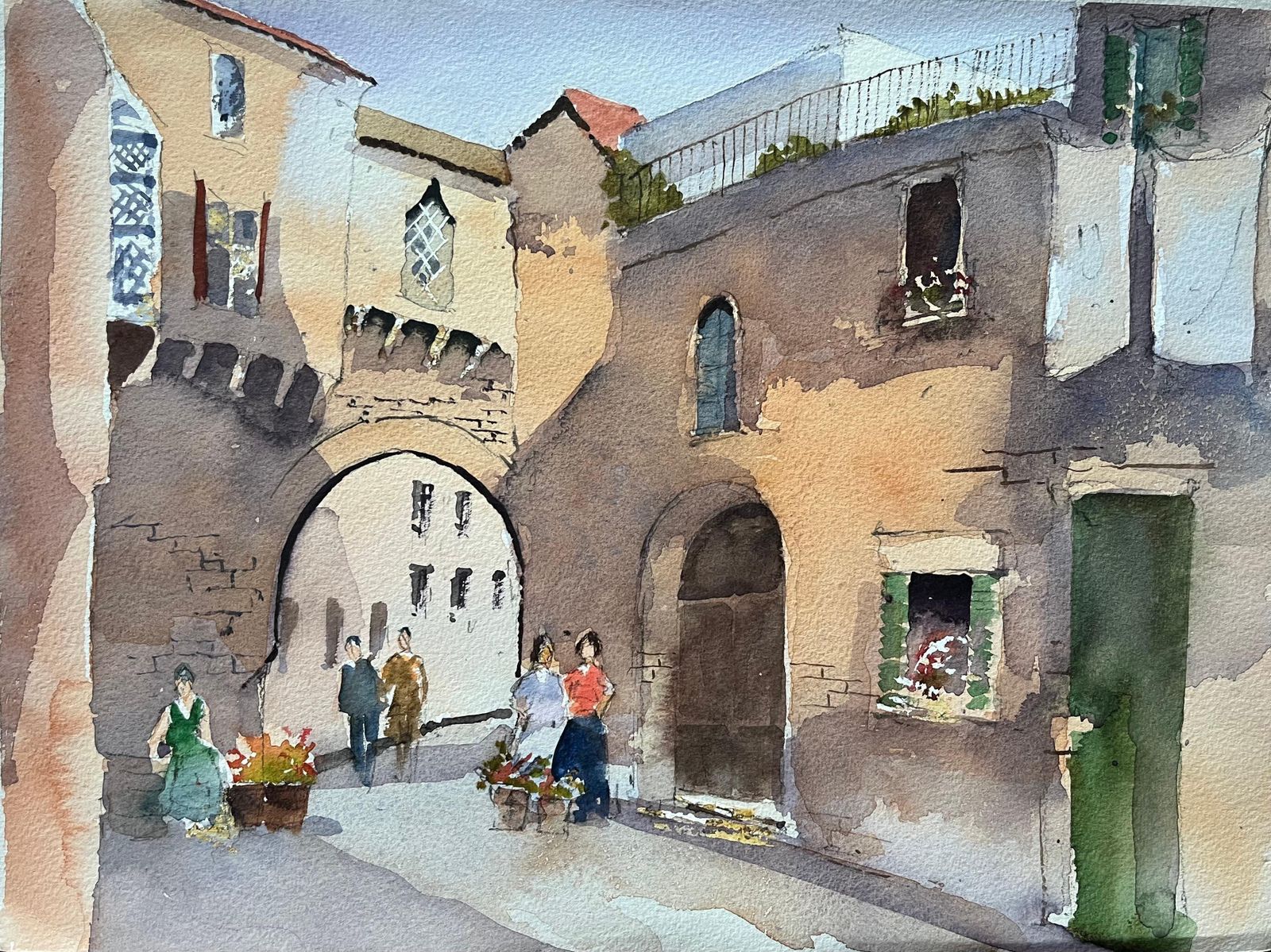 Anthony Avery British Impressionist Watercolor Of A European Stone Archway Street Scene