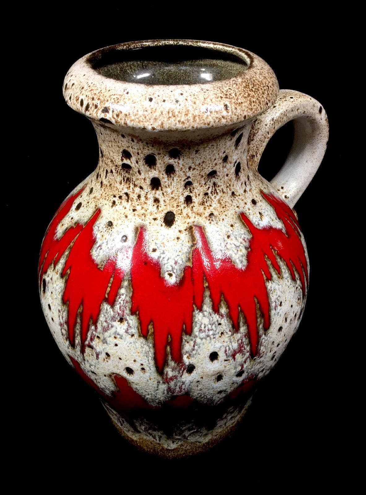 Vintage West German Scheurich Pottery Fat Vase / Large Size Jug / Red / White photo for sale