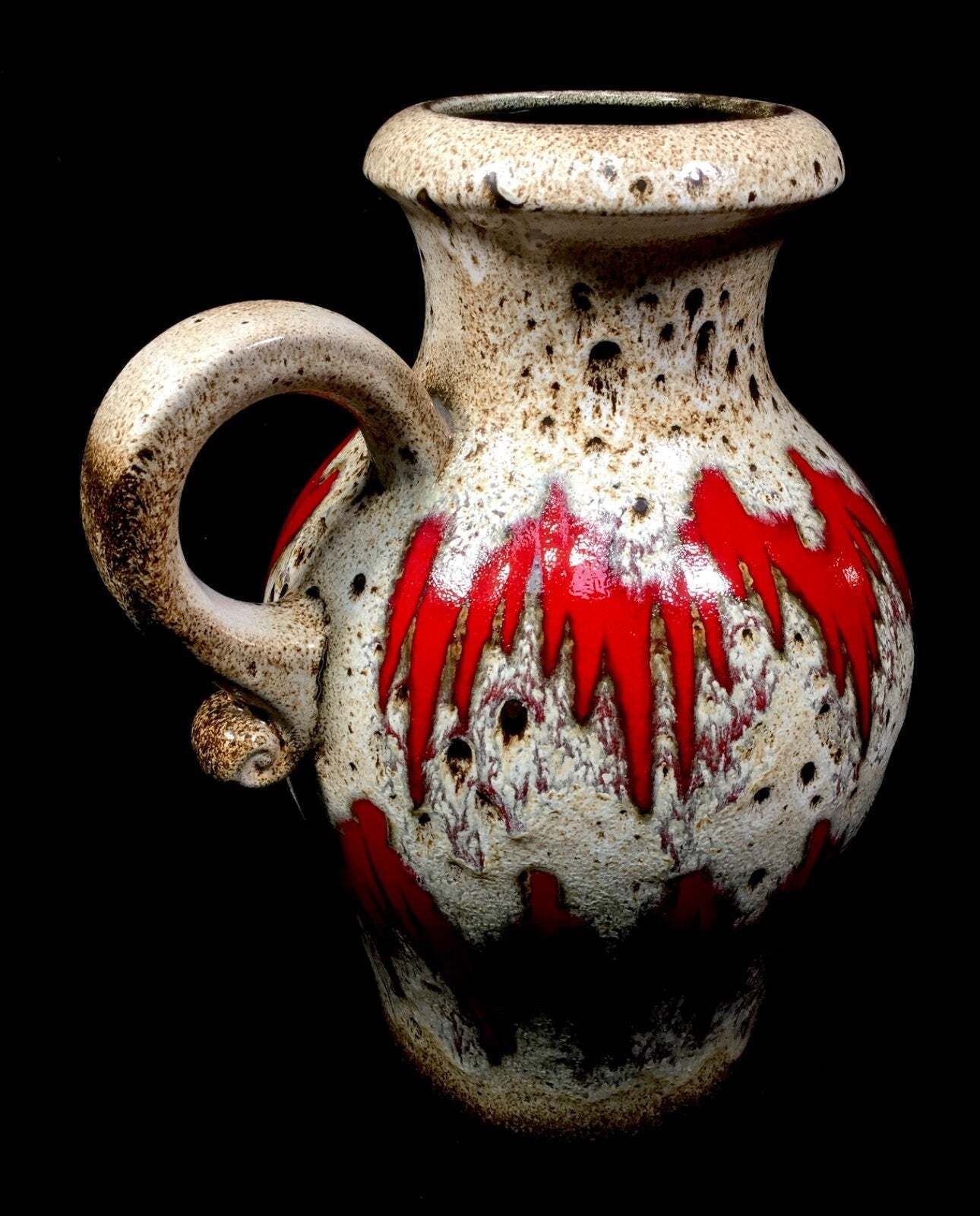 Vintage West German Scheurich Pottery Fat Vase / Large Size Jug / Red / White photo buy