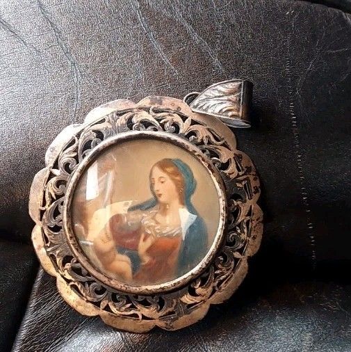 Painting Madonna With Child Ex Voto Perforated Silver Frame photo Art
