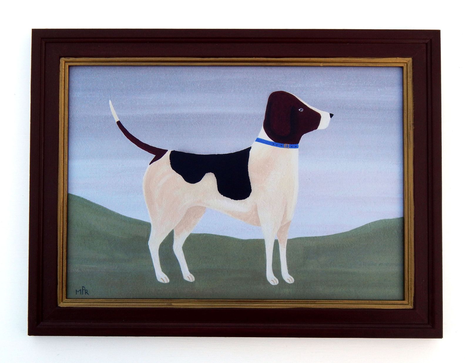 Naive Foxhound Folk Art Dog Print   Blue Collar   In Hand Painted Antique Style Frame By Matt Rix