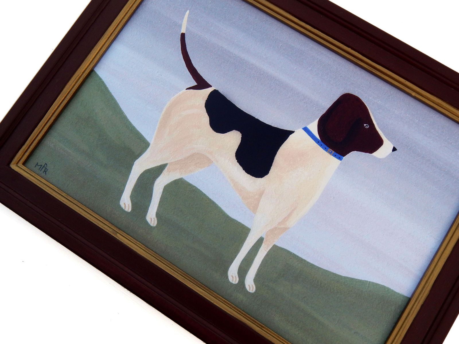 Naive Foxhound Folk Art Dog Print   Blue Collar   In Hand Painted Antique Style Frame By Matt Rix photo vinterior