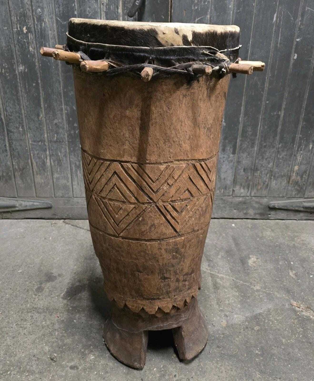 Vintage Large African Carved Wooden Drum photo for sale