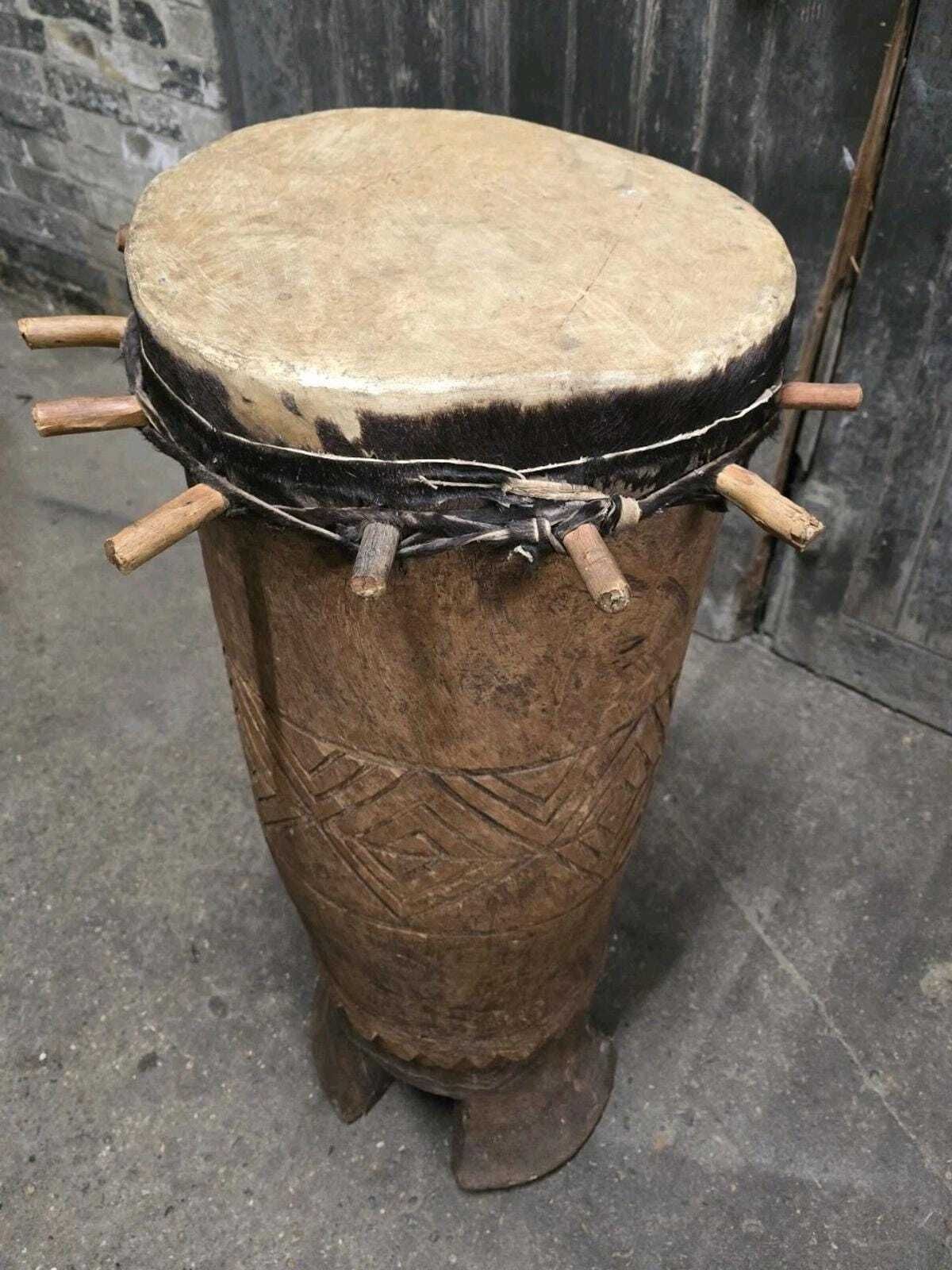 Vintage Large African Carved Wooden Drum photo vinterior