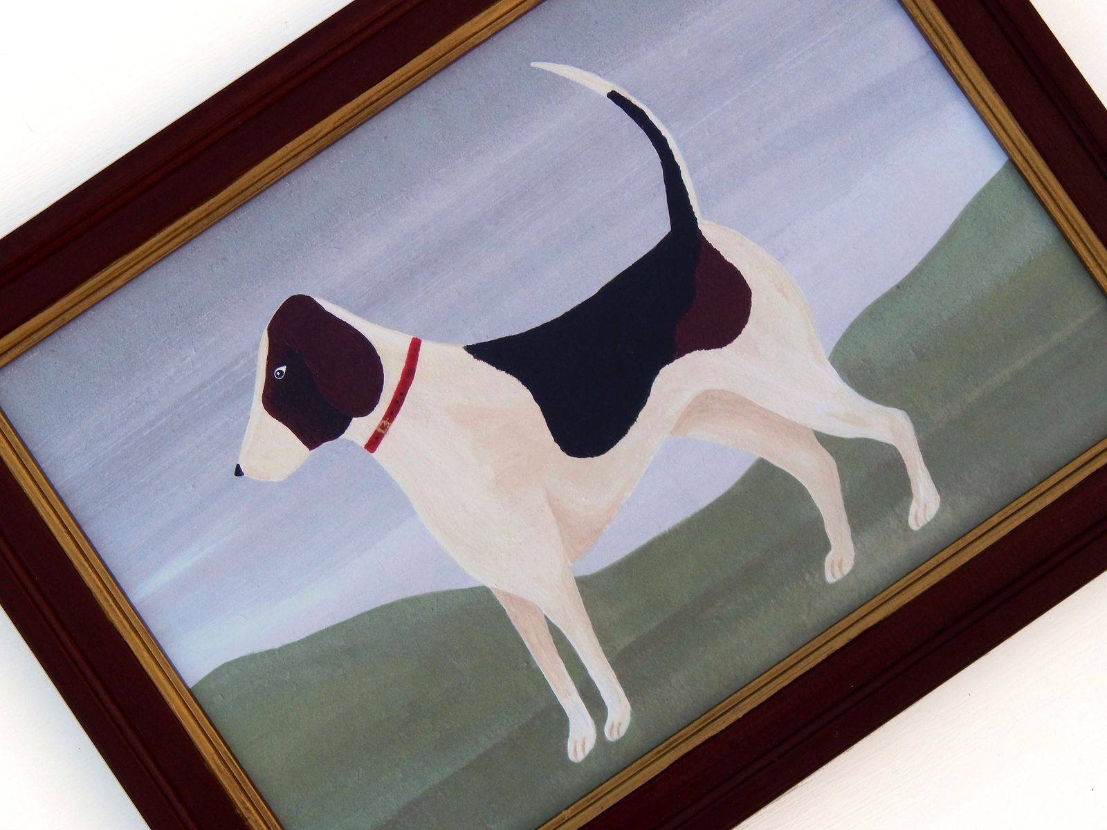 Naive Foxhound Folk Art Dog Print Red Collar In Hand Painted Antique Style Frame By Matt Rix photo Art