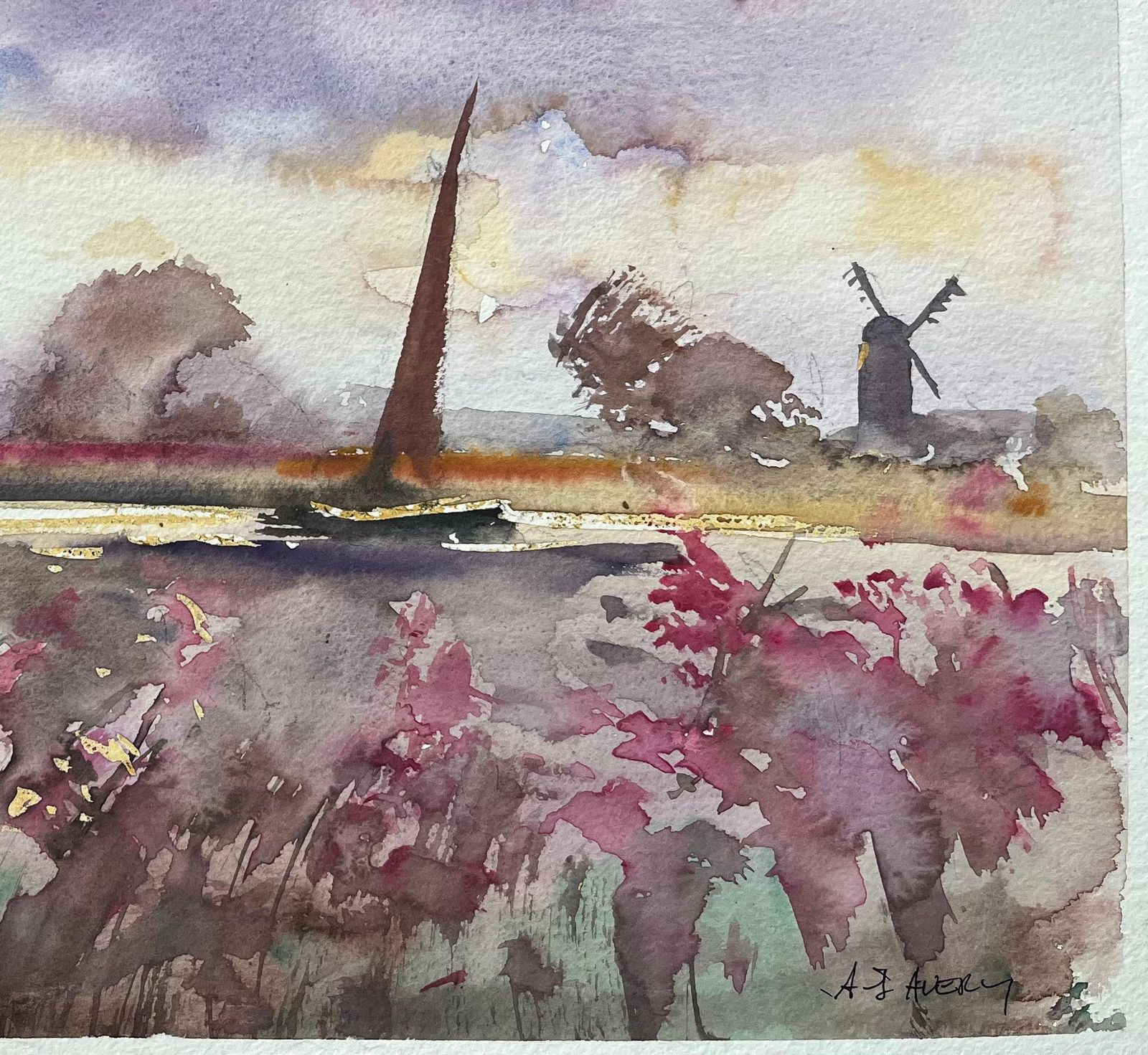 British Impressionist Watercolor Of A Countryside Scene With Windmill photo for sale
