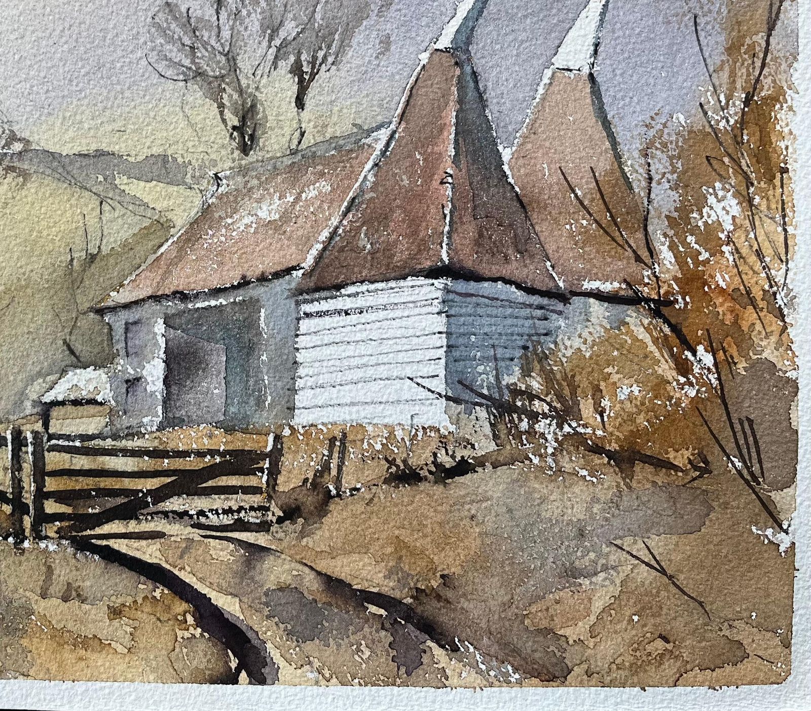 British Impressionist Watercolor Of Countryside Scene With Oast Houses photo Art