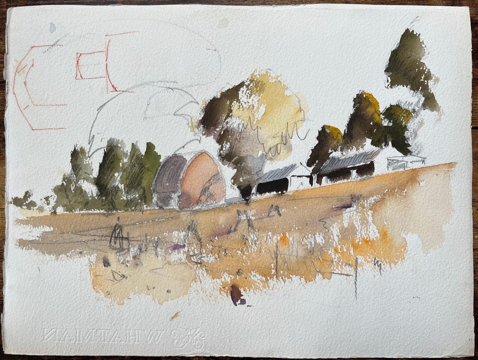 British Impressionist Watercolor Of A Village Church And Cottages, And Riders photo buy