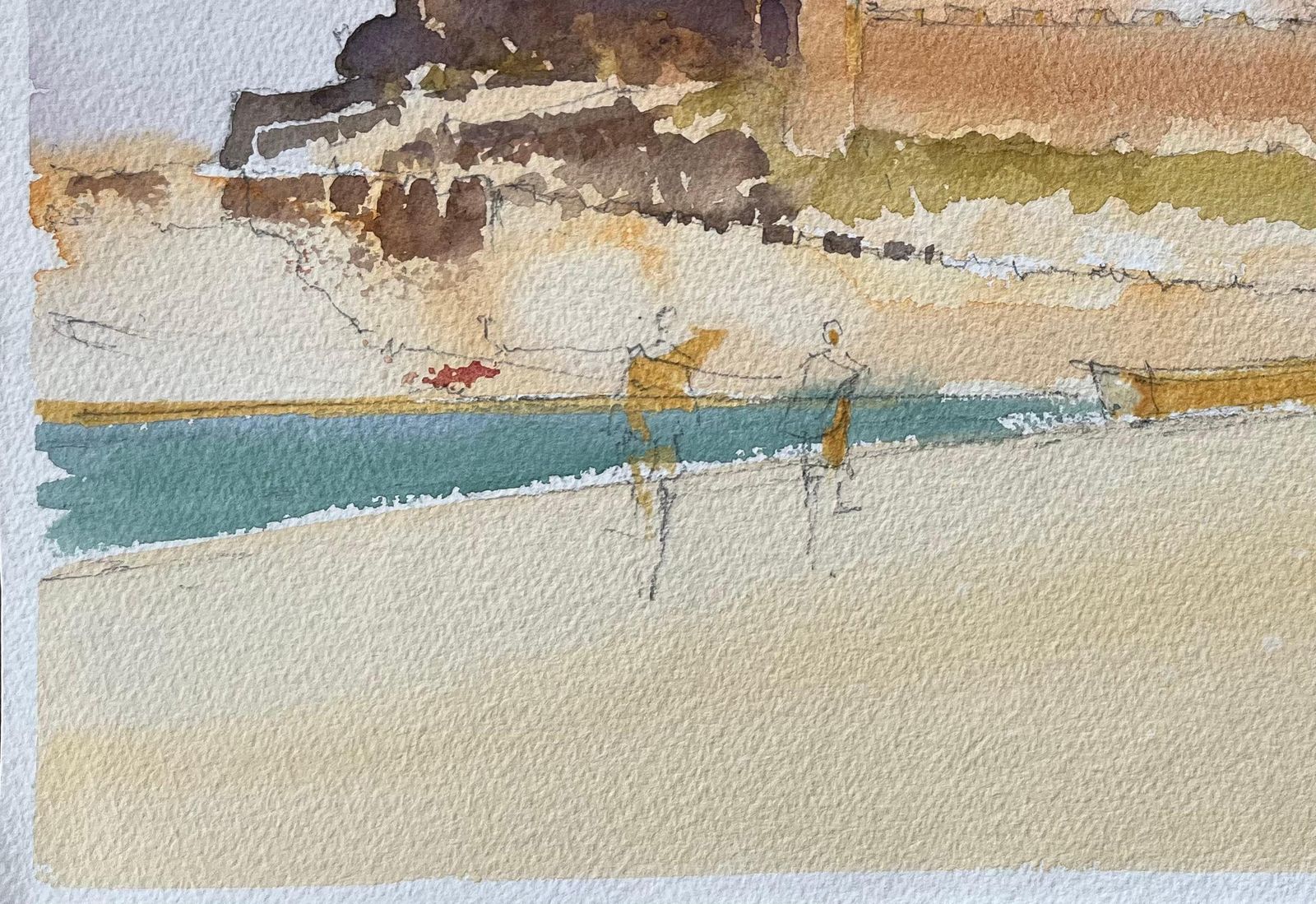 British Impressionist Watercolor Of A Coastal Fort With Boats On The Shore photo 275.0