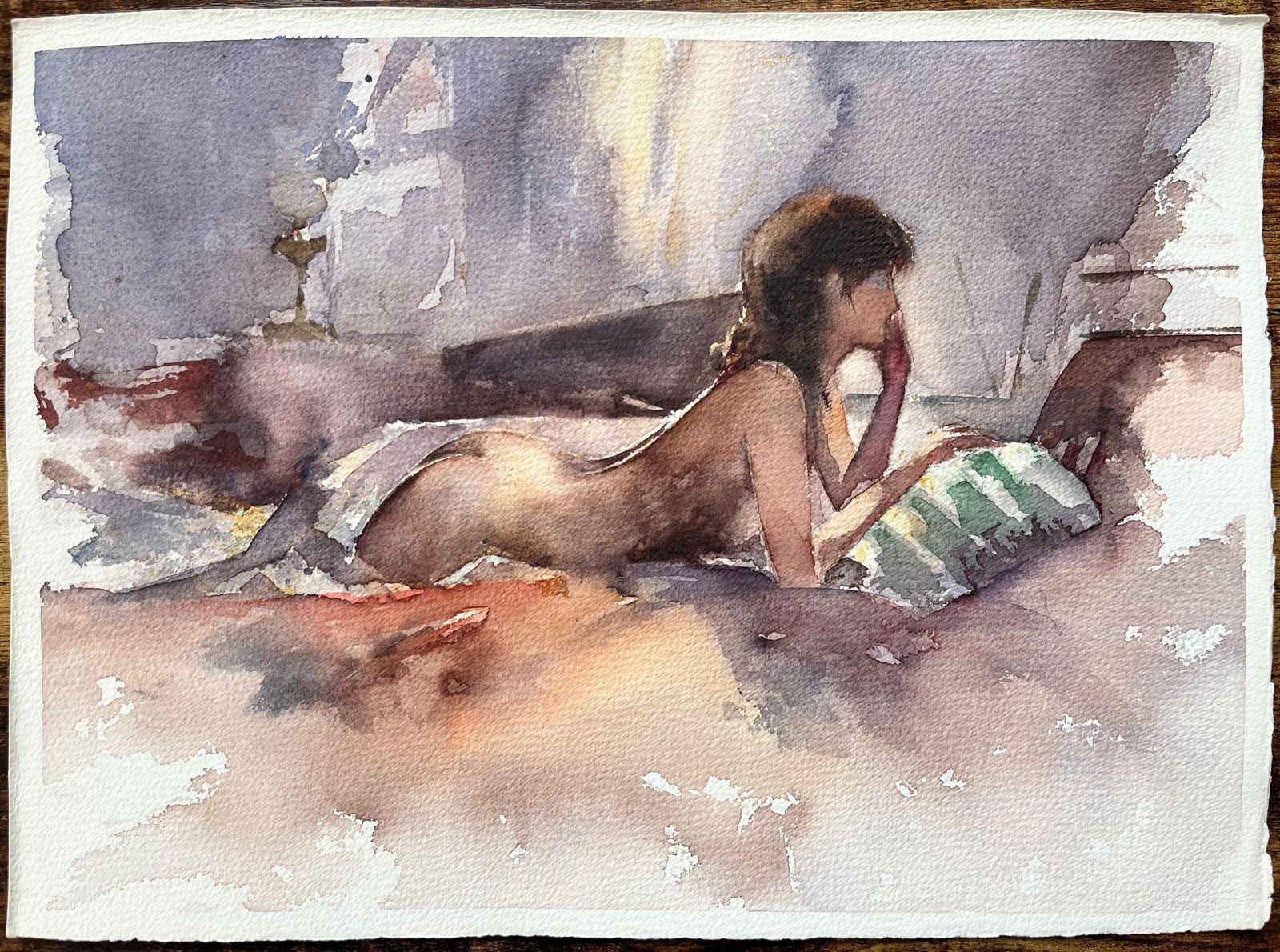 British Impressionist Watercolor Of A Nude Reclining Woman In Quiet Reflection photo furniture