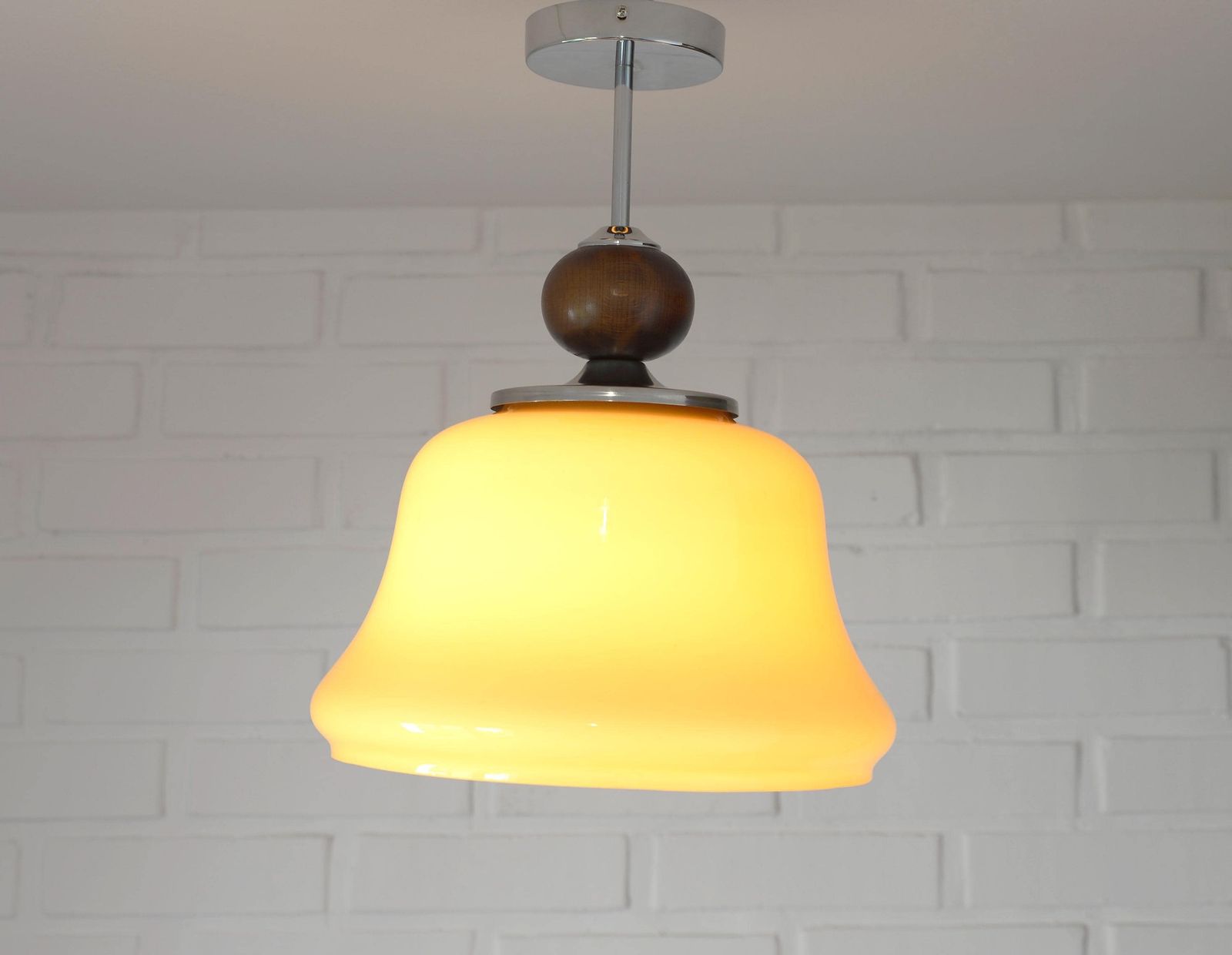Vintage Beige Glass Pendant Lamp / Semi Flush Mount / Hanging Light / Chandelier, Yugoslavia 1970's photo 243.0